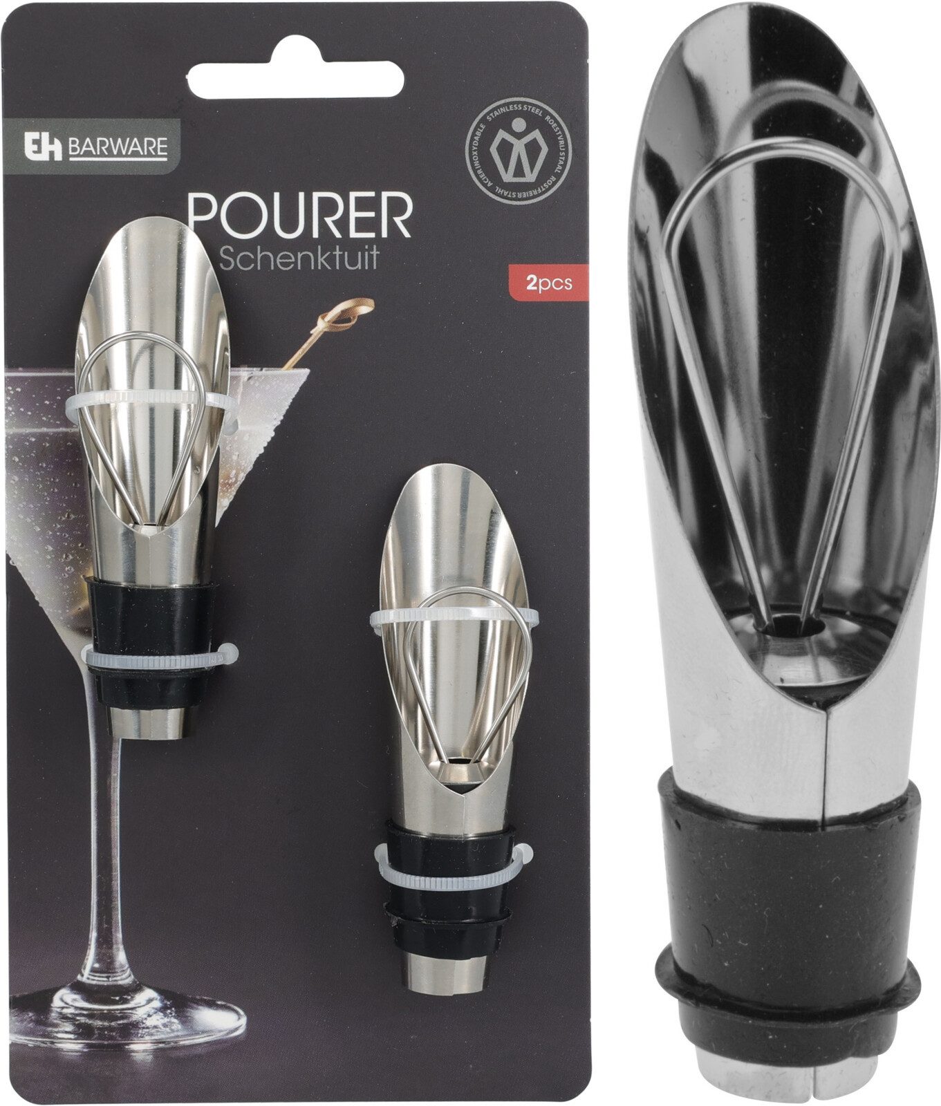 Koopman Flaschenausgießer Ausgießer Weinausgießer Sektausgießer 4tlg Edelstahl, Set, 4-St., Packung, Spirituosen, Stopfen, Verschluss, Isoliert, Barzubehör