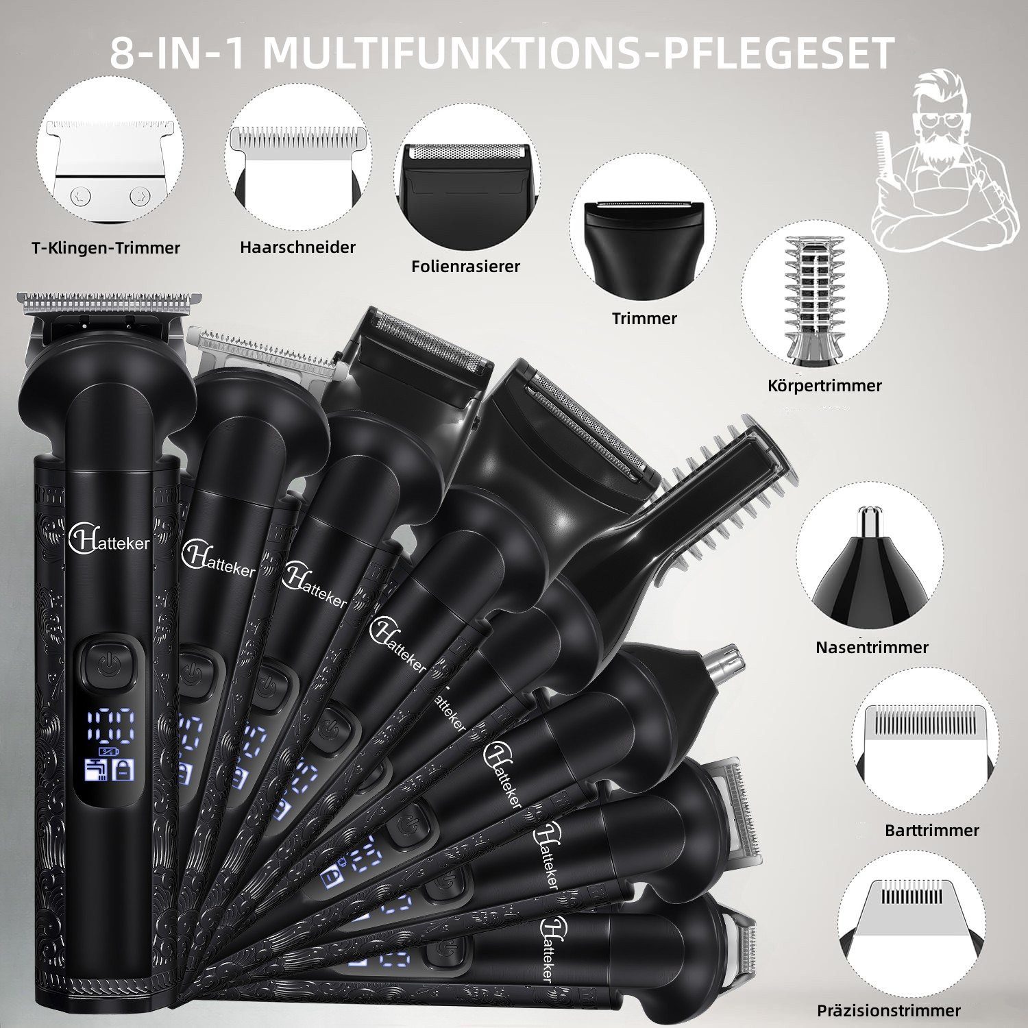 HATTEKER Haarschneider HT-609, Bartschneider, Rasierer, T-Klinge Trimmer, mit Ultra Sharp Klinge 8-in-1