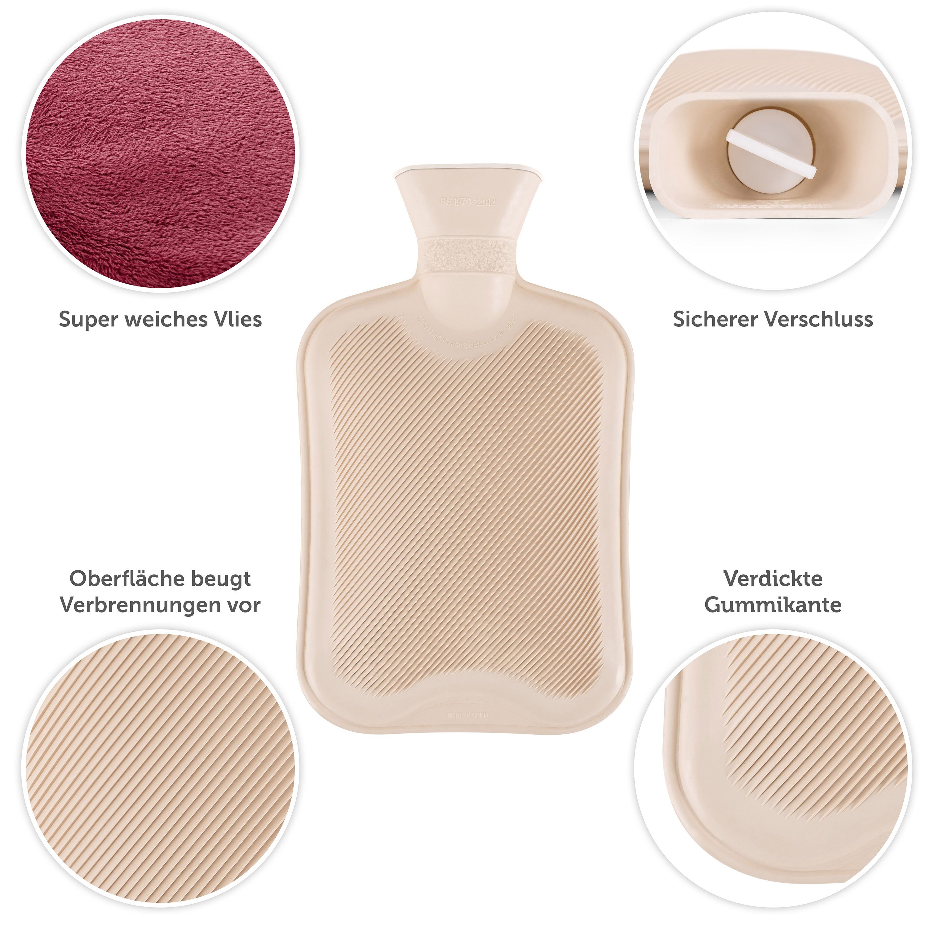 Blumtal Wärmflasche mit Premium Vliesbezug in Samtoptik, (aus Naturkautschuk für Kinder und Erwachsene), Auslaufsichere Wärmflasche mit Bezug zur Schmerzlinderung