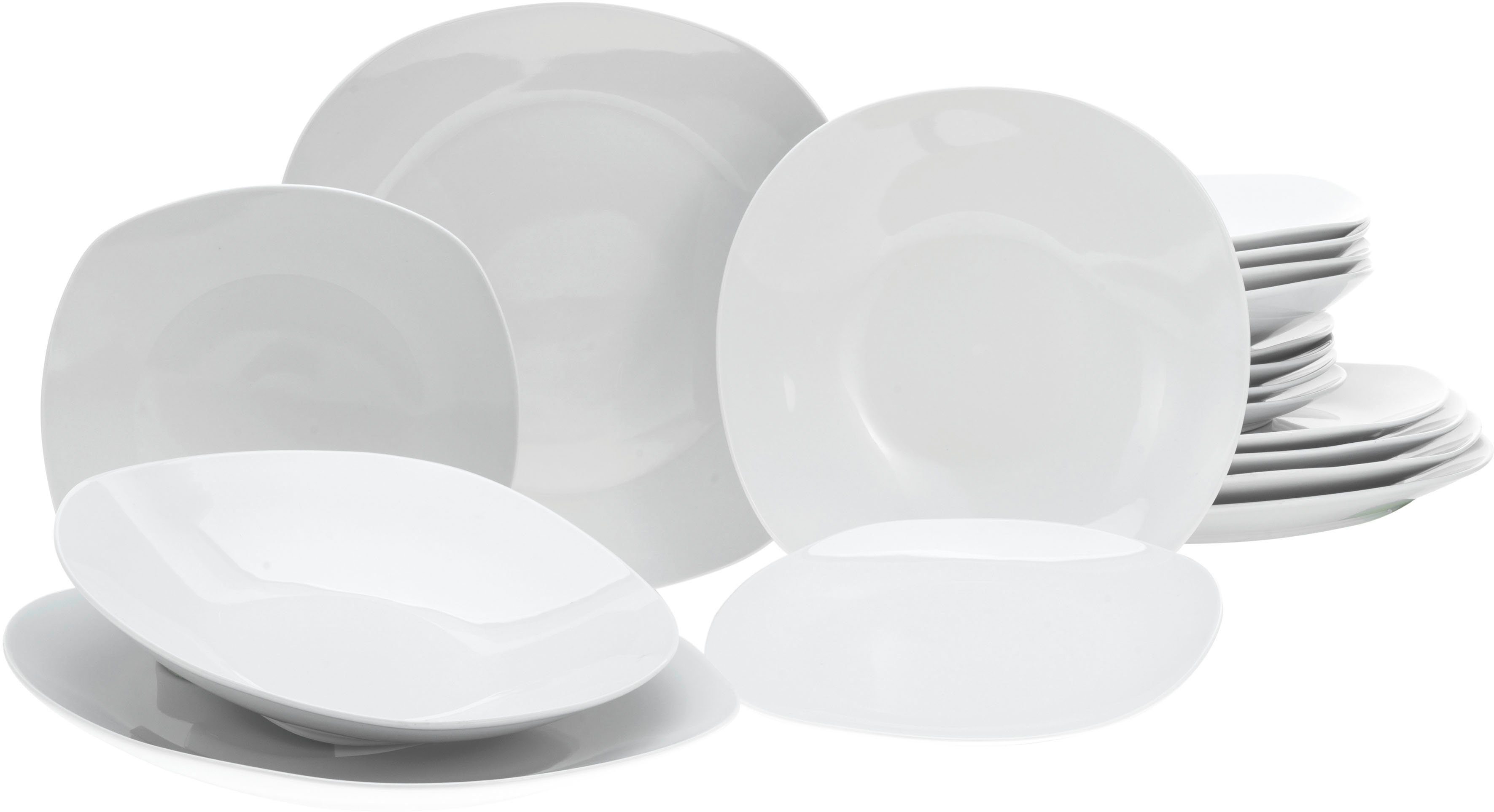 CreaTable Тарелки-Set Square Weiss (18-tlg), 6 Personen, Porzellan, quadratische Form mit abgerundeten Ecken