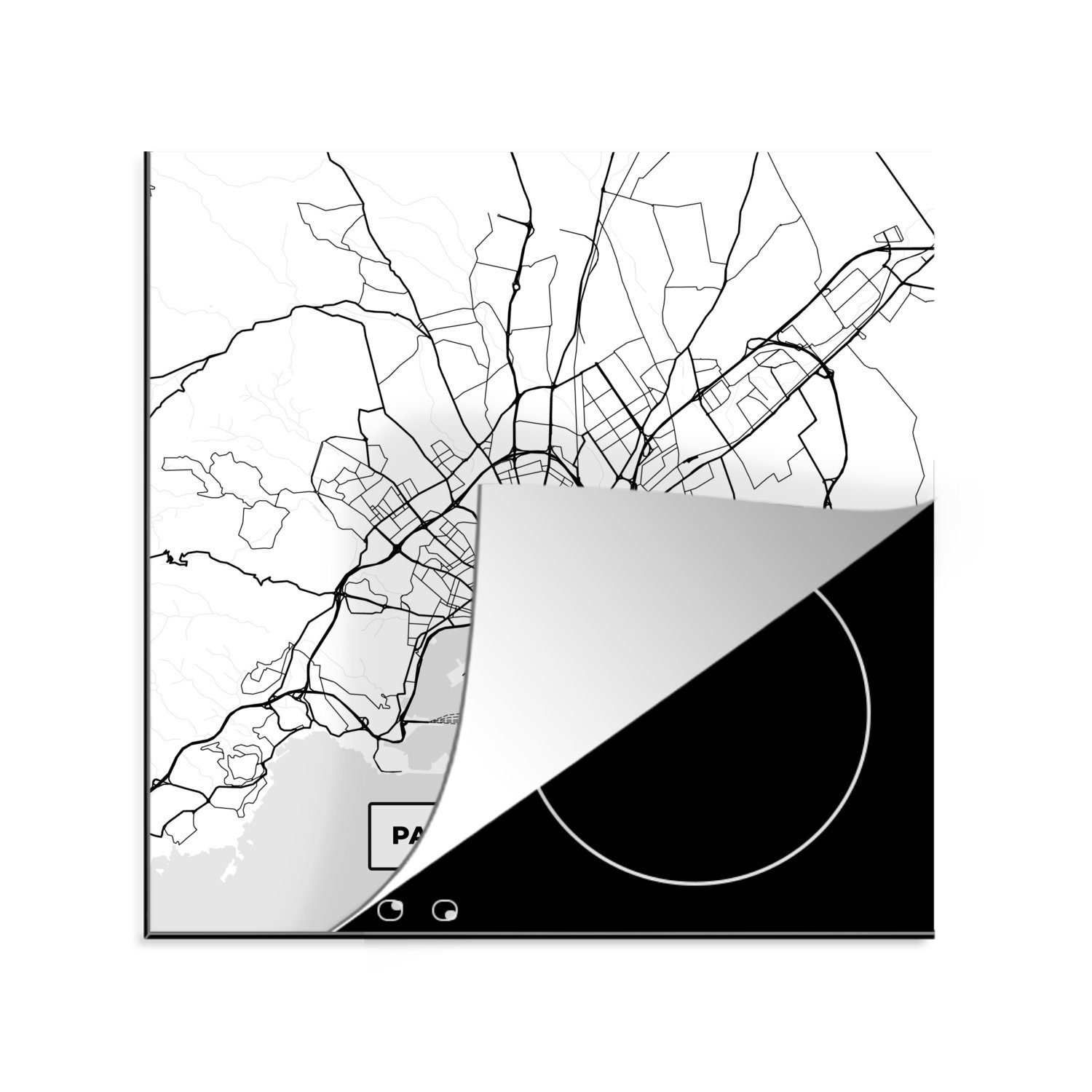 MuchoWow Herdblende-/Abdeckplatte Karte - Mallorca - Stadtplan - Schwarz und weiß - Karte, Vinyl, (1 tlg), 78x78 cm, Ceranfeldabdeckung, Arbeitsplatte für küche