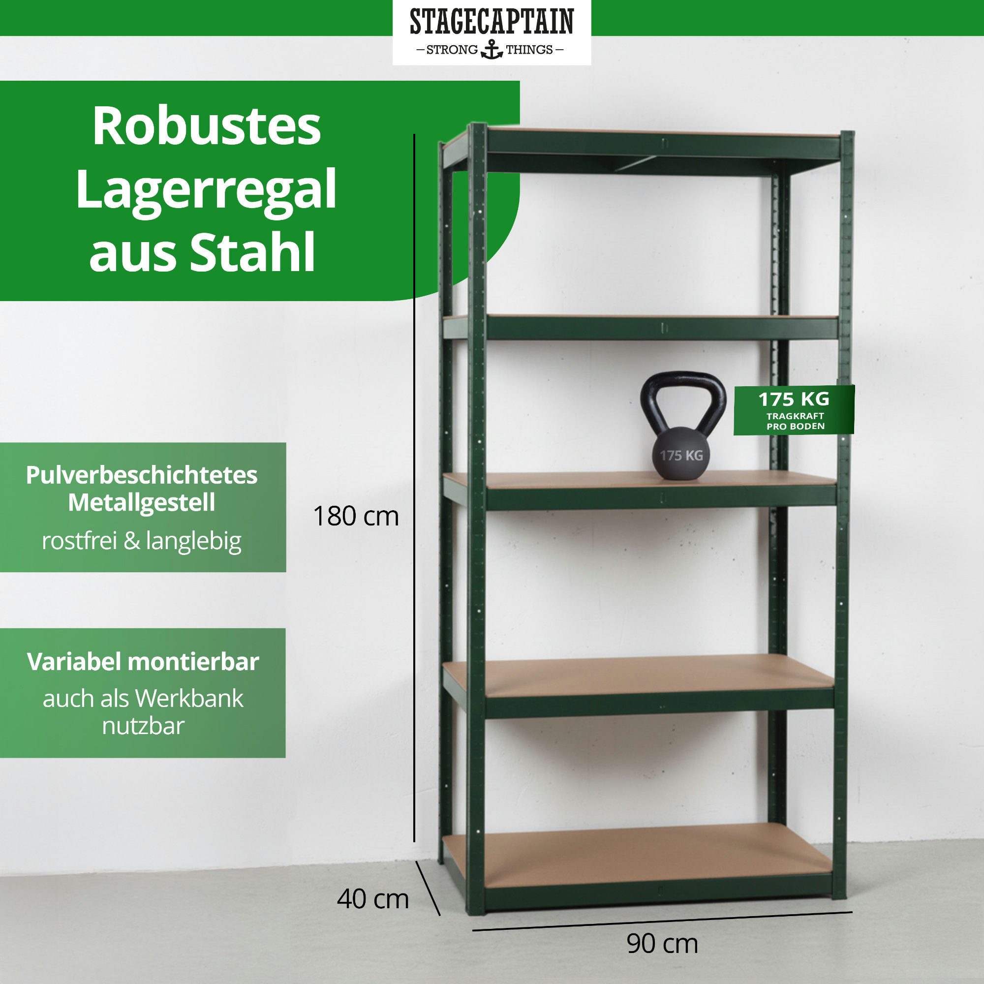 Stagecaptain Schwerlastregal Lagerregal - 5 variabel montierbare Böden - auch als Werkbank umbaubar, Tragkraft pro Boden: 175 kg, gesamt 875 kg