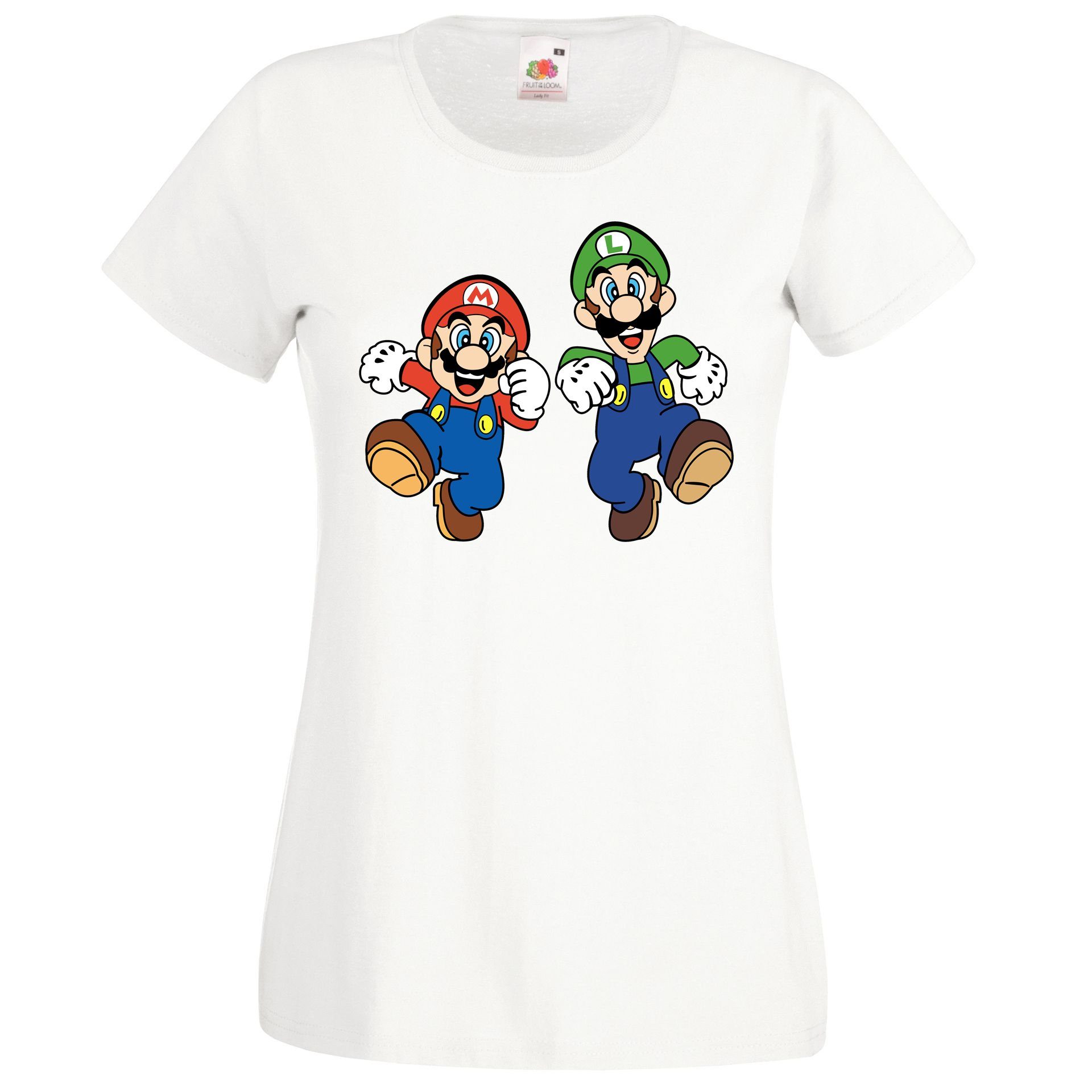 T-Shirt Frontprint Weiß mit Luigi Damen T-Shirt Mario modischem & Youth Designz