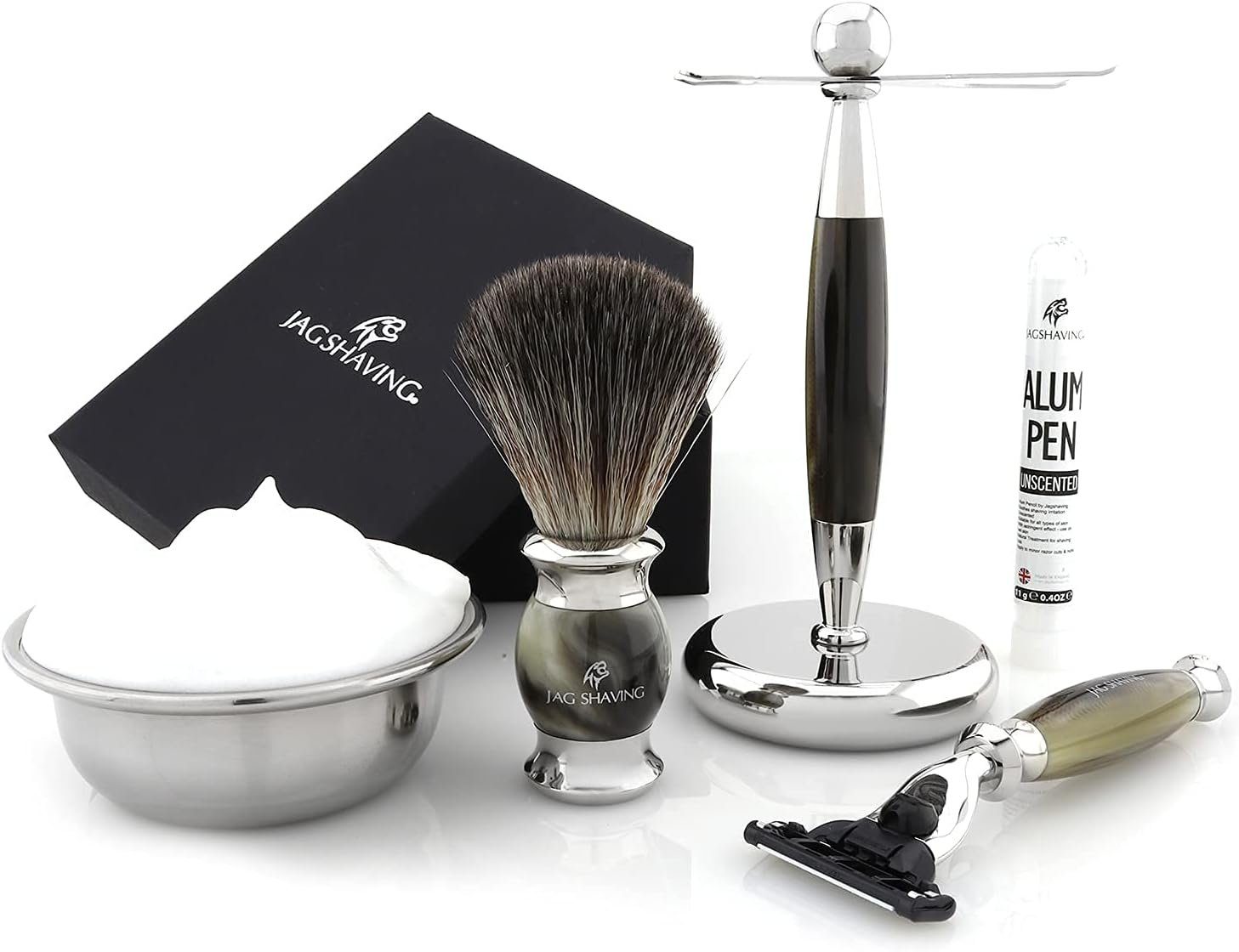 JAG SHAVING Rasierset 6-teiliges Rasierset für den täglichen Privatgebrauch, 6-tlg., Gillette Mach 3 Rasierer, Dachsbürste, Halter, Seife + Schüssel, Alaun, made of rasin mattiral premium