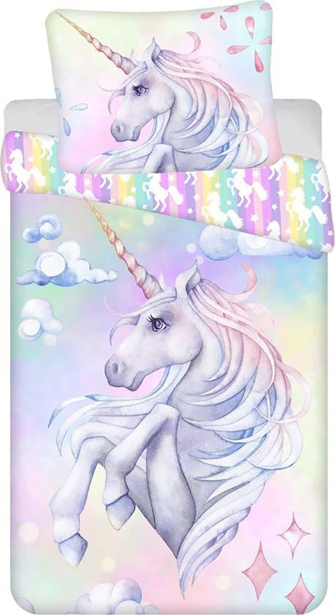 Jerry Fabrics Kinderbettwäsche Einhorn Kinderbettwäsche Pastellregenbogen 140x200 + 70x90cm, Renforcé, 2 teilig