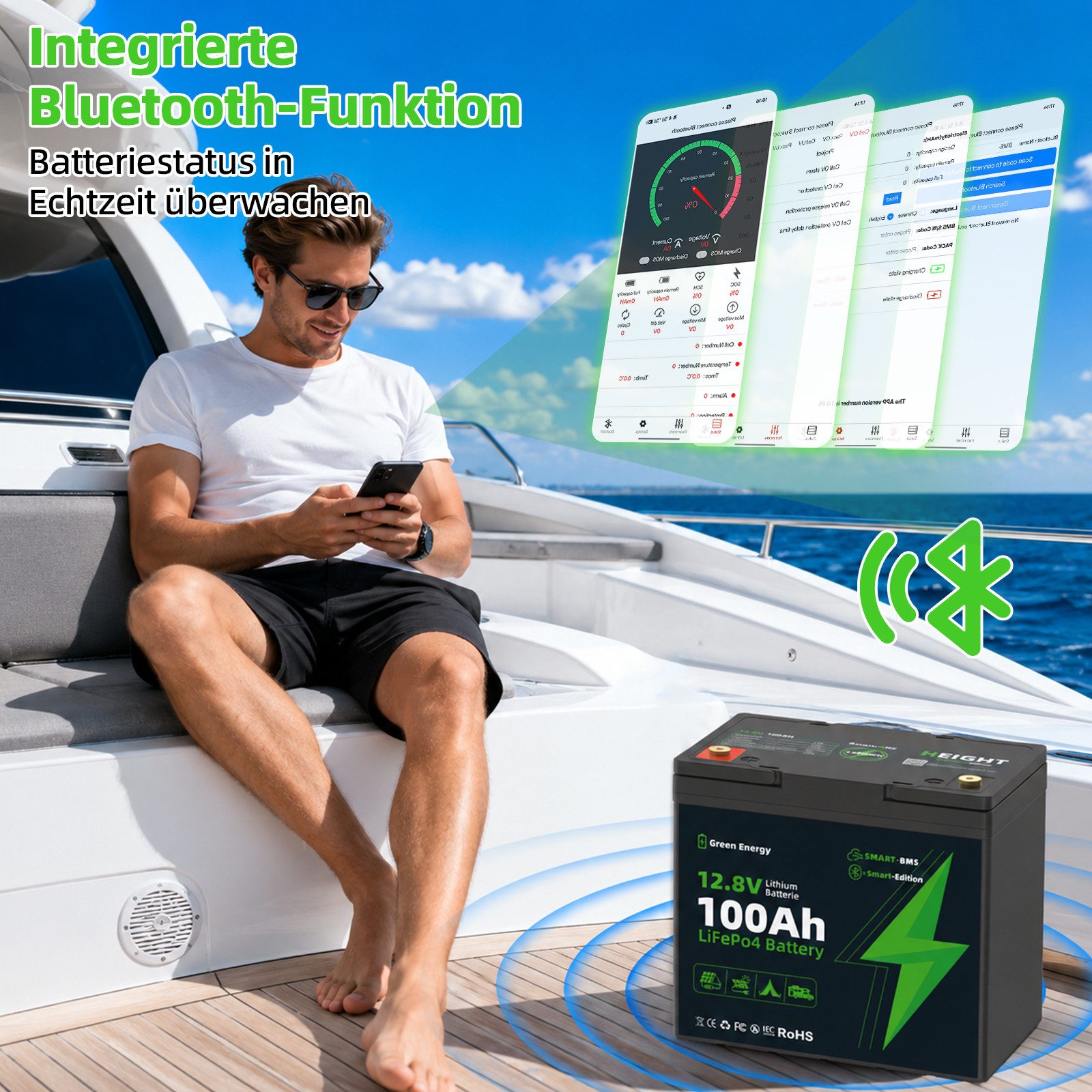 Blossom LiFePO4 Batterie 12V 100Ah mit Bluetooth SMART-BMS, Solar Batterie, Lithium Batterie für Wohnmobil, Camping, Boot und Energiespeicherung