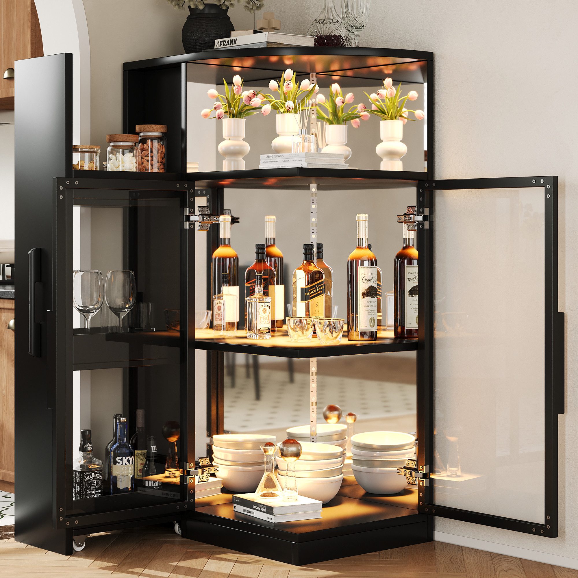 Flieks Eckvitrine Glasvitrine mit LED-Beleuchtung, ausziehbar Seitenregalen, 2 Glastüren (Rückwand in Spiegeloptik mit reflektierenden Beschichtung, 1-St., 64×42×112 cm, Multifunktionsschrank für Wohnzimmer, Esszimmer, Büro) Eckschrank Weinschrank Standvitrine Schwarz, 3 Fächern & Ablagen