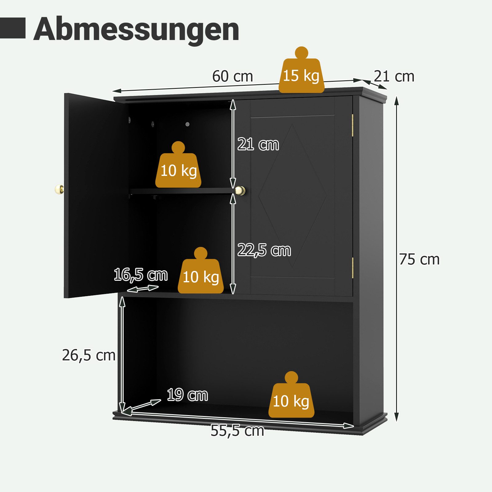 COSTWAY Hängeschrank Badezimmerschrank mit verstellbarem Regal 60x21x75cm – Bild 5 von 5