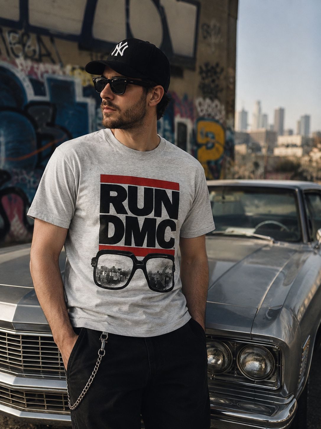 coole-fun-t-shirts Print-Shirt Run-DMC T-Shirt Hellgrau Meliert Official Rock Off S–2XL RUN DMC Festival Shirt Bandshirts Concert
