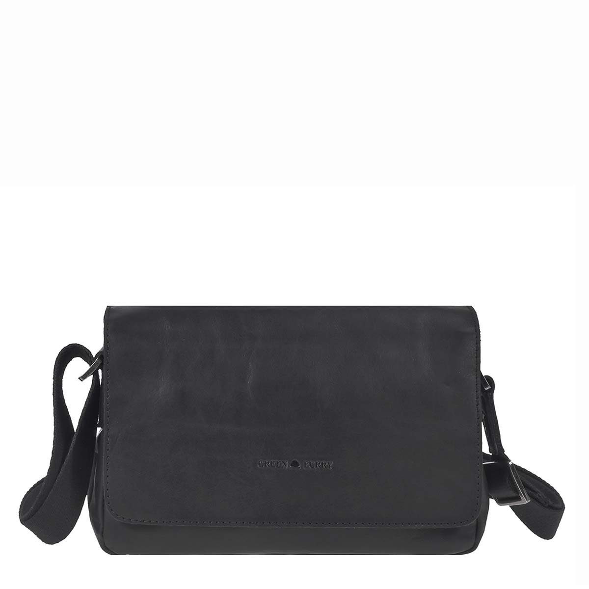 Greenburry Umhängetasche Pure Black, Schultertasche, 3 Hauptfächer, Vorfach, Reißverschlussfächer, Leder