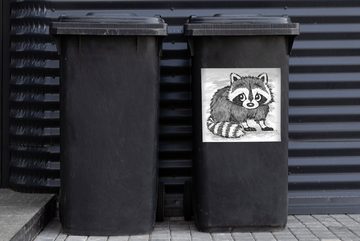 MuchoWow Wandsticker Illustration eines gezeichneten Waschbären - schwarz und weiß (1 St), Mülleimer-aufkleber, Mülltonne, Sticker, Container, Abfalbehälter