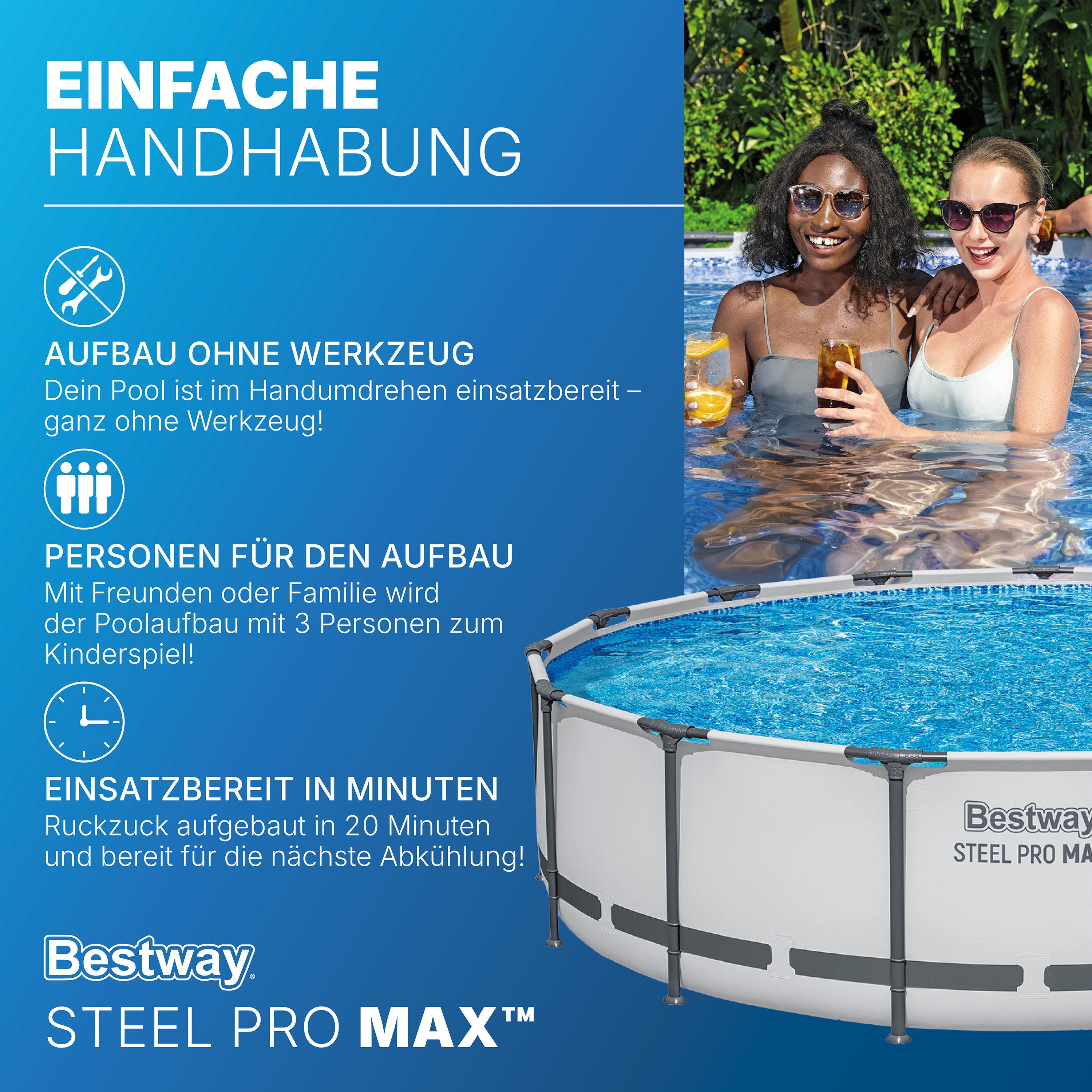 Bestway Framepool Steel Pro MAX™ (Set, Inkl. Filterpumpe, Sicherheitsleiter,Abdeckplane), Ø 457 x 107 cm