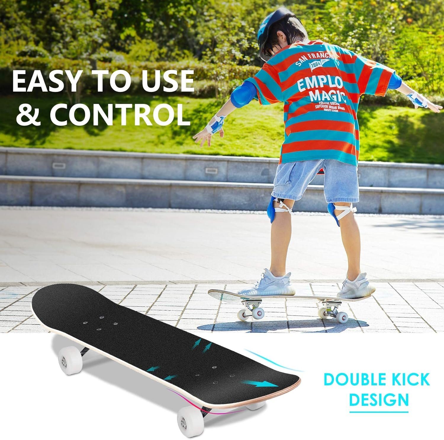 Diyarts Skateboard (Skate Rollerboard, für Anfänger und Profis bis 100kg, langlebiges 7-lagiges Ahorn), 85A PU Räder, ABEC-7 Lager, 90° Weitwinkel