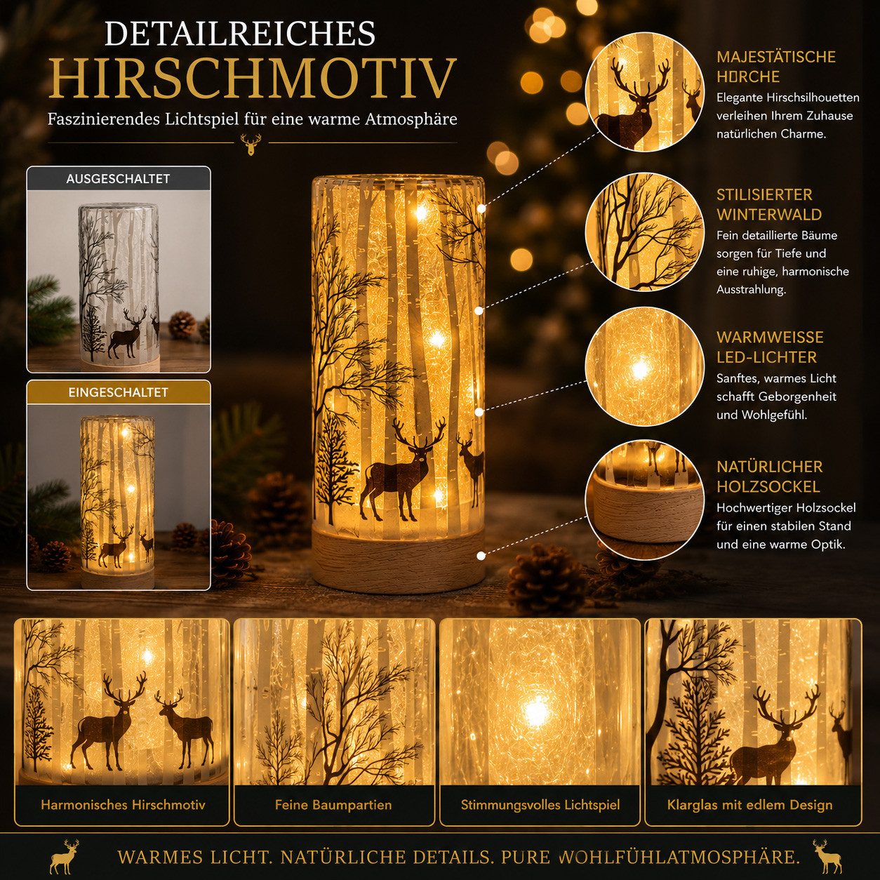 formano LED Dekolicht LED Deko Licht Hirschdeko Leuchtglas mit Holzsockel 15 cm Timer 6/18h, LED fest integriert – Bild 3 von 5