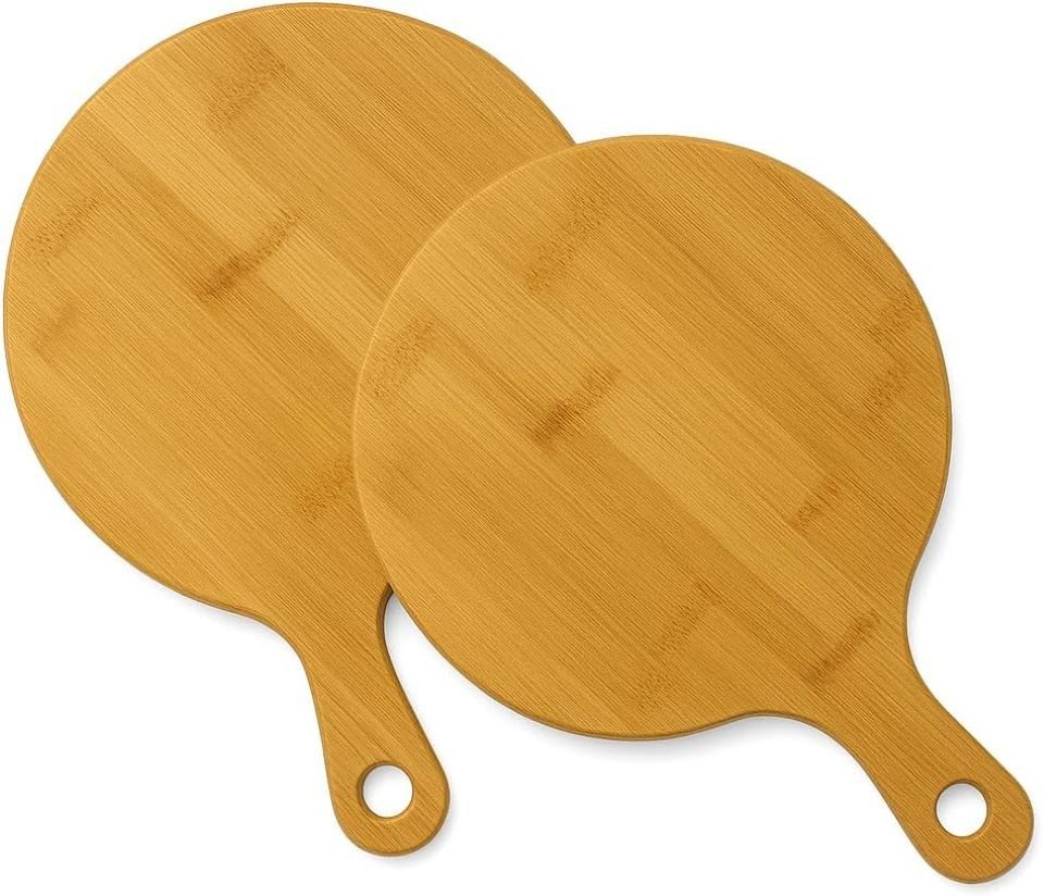 hausleben Pizzateller Bambus Pizzateller für Pizza, Flammkuchen und Antipasti, (2 St), 25,5 cm mit Griff, rundes Pizzabrett Schneidebrett Servierbrett