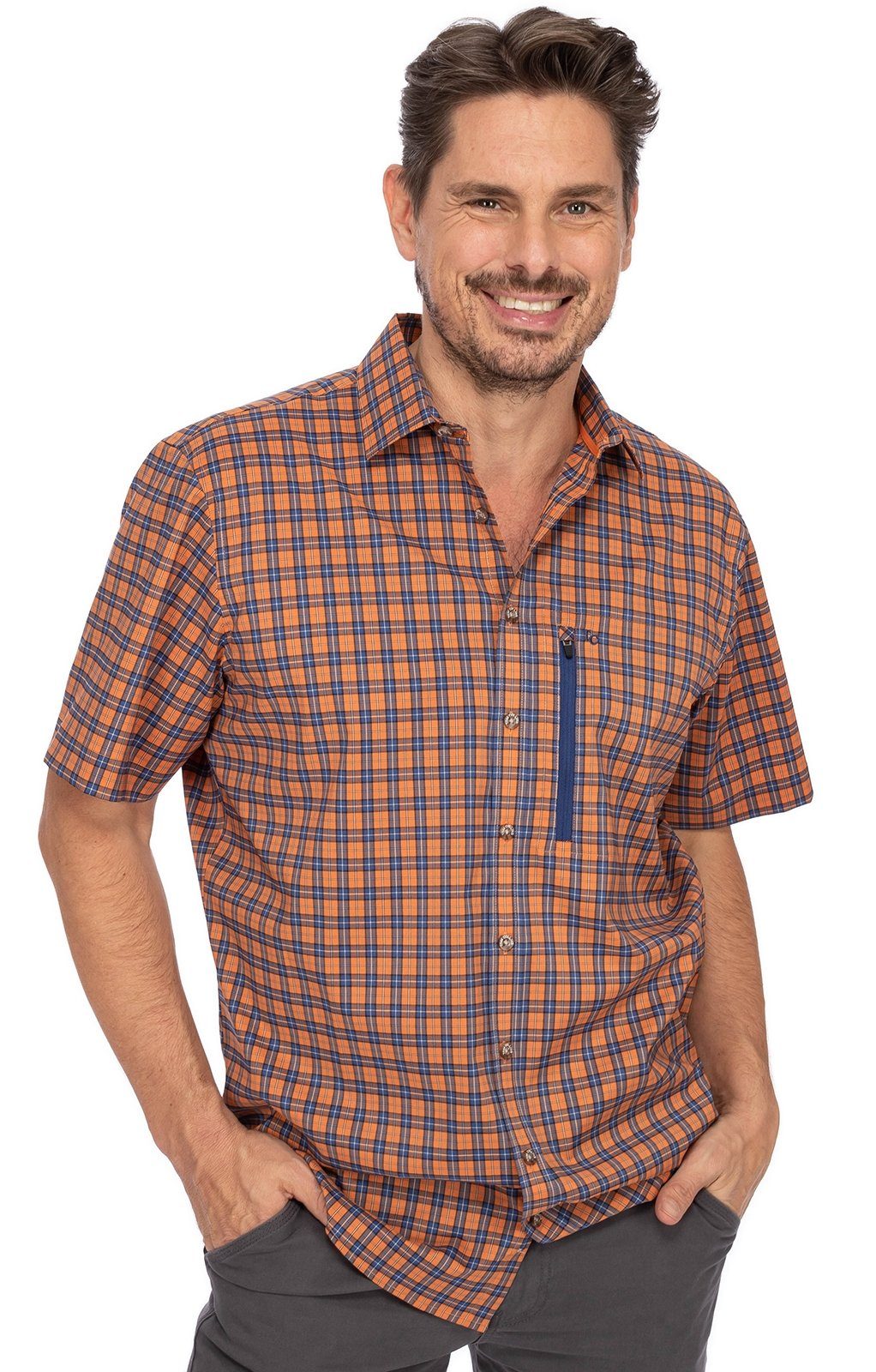 OS-Trachten Trachtenhemd Hemd 1/2 Arm ALEC orange blau (Regular Fit)