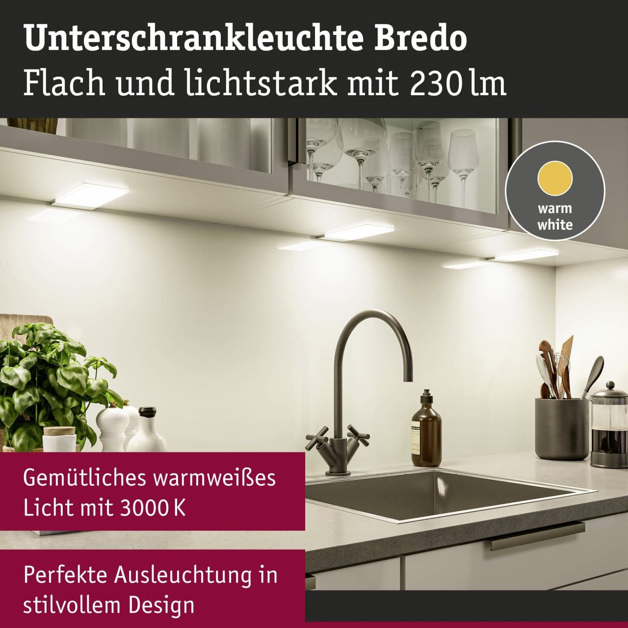 Paulmann Unterbauleuchte Paulmann LED Unterbauleuchte Bredo silber warmweiß, Nicht dimmbar ohne Bewegungsmelder