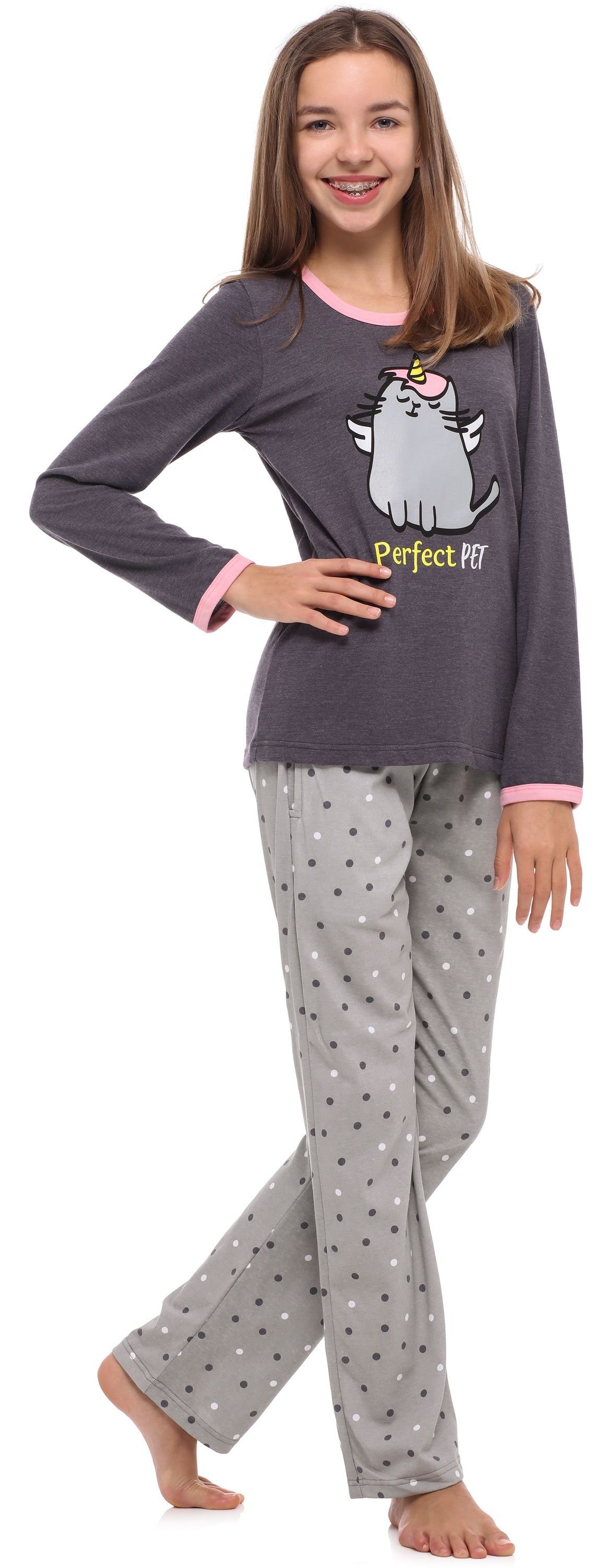 Pyjama Schlafanzug Schlafanzug Style MS10-192 Merry Zweiteilieger Winter Lang Dunkelmelange/Grau Damen