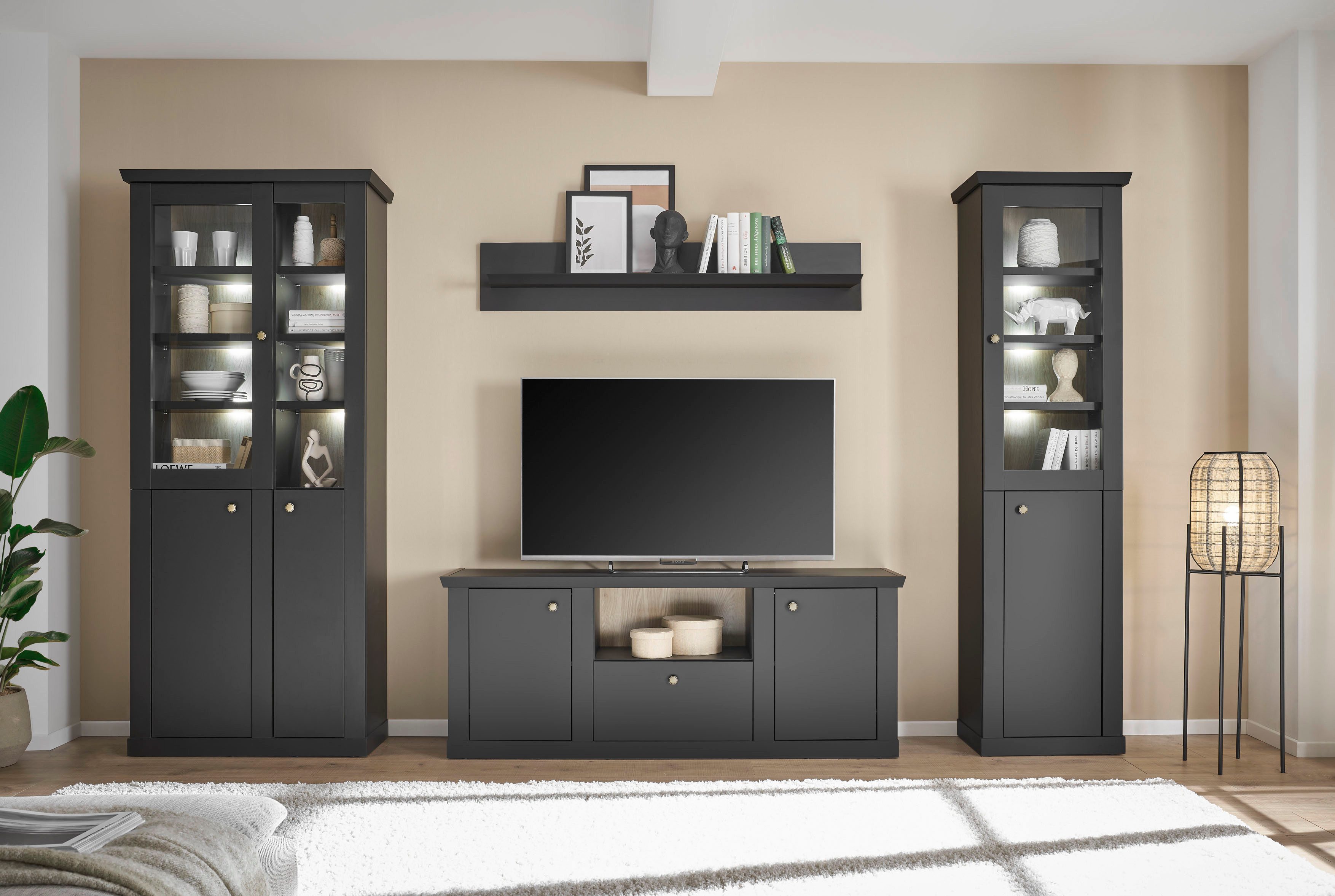 Home affaire Wohnwand Lincoln, moderne Anbauwand, Komplettset im Landhausstil, (Komplett-Set, 4-St), enthält Vitrinen, Lowboard und Wandboard, 319 cm breit