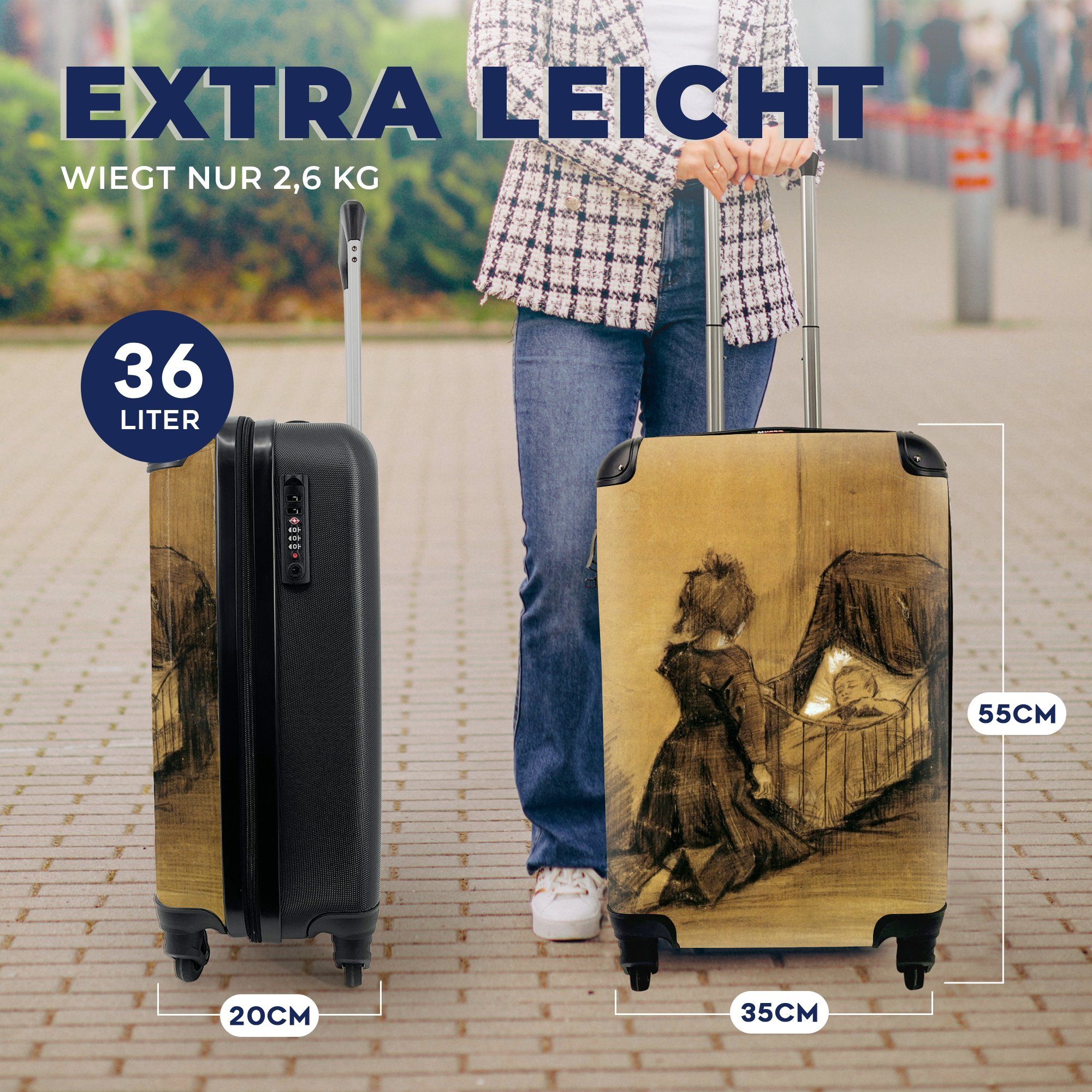 MuchoWow Handgepäckkoffer Mädchen kniend Gogh, Ferien, bei mit Reisetasche - Trolley, 4 van Rollen, einer Handgepäck Vincent Wiege rollen, Reisekoffer für