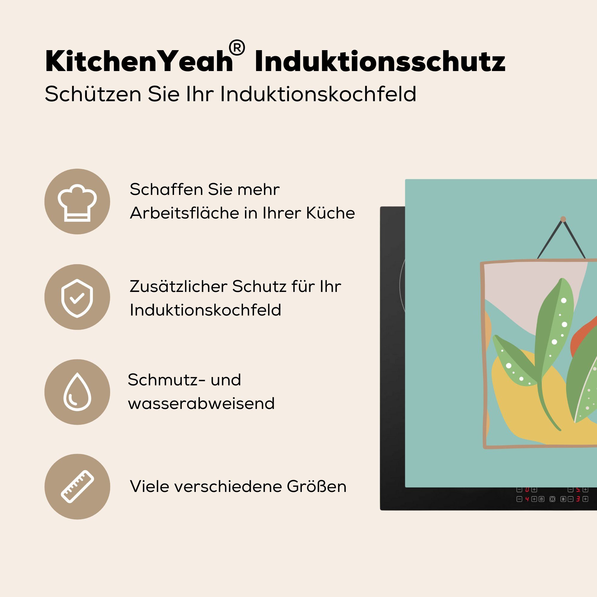 Farben, Ceranfeldabdeckung, tlg), Pflanze MuchoWow (1 küche Blätter Vinyl, cm, Herdblende-/Abdeckplatte Arbeitsplatte Rahmen 78x78 - - - für