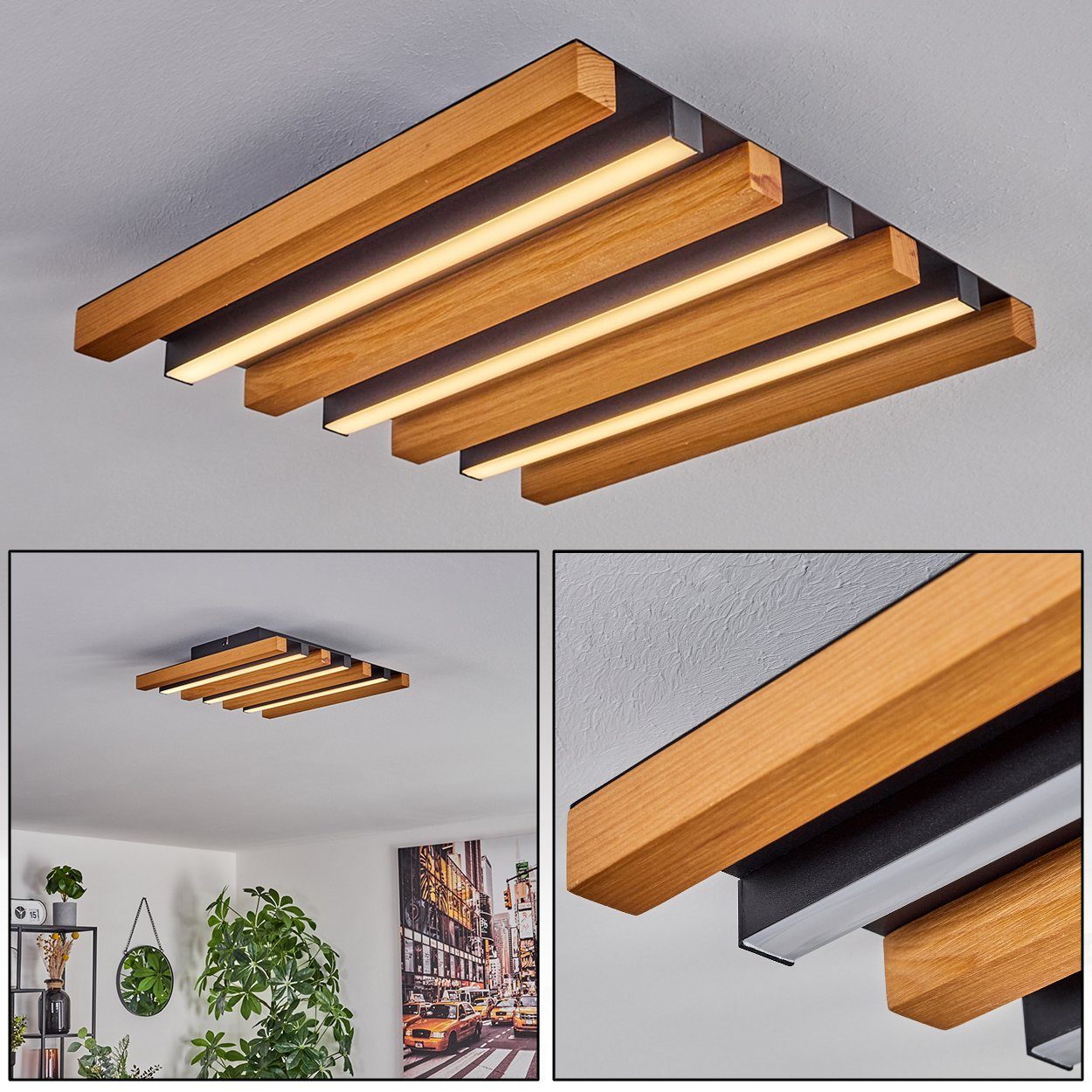 cm hofstein Deckenleuchte Metall/Holz/Kunststoff Kelvin, 31 15 aus Kelvin, 1600 LED 3000 Lumen, Deckenlampe Länge Watt, 3000 wechselbar, moderne in Schwarz/Natur/Weiß,