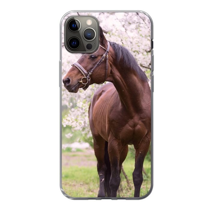 MuchoWow Handyhülle Pferd - Sakura - Halfter Handyhülle Apple iPhone 13 Pro Max Smartphone-Bumper Print Handy