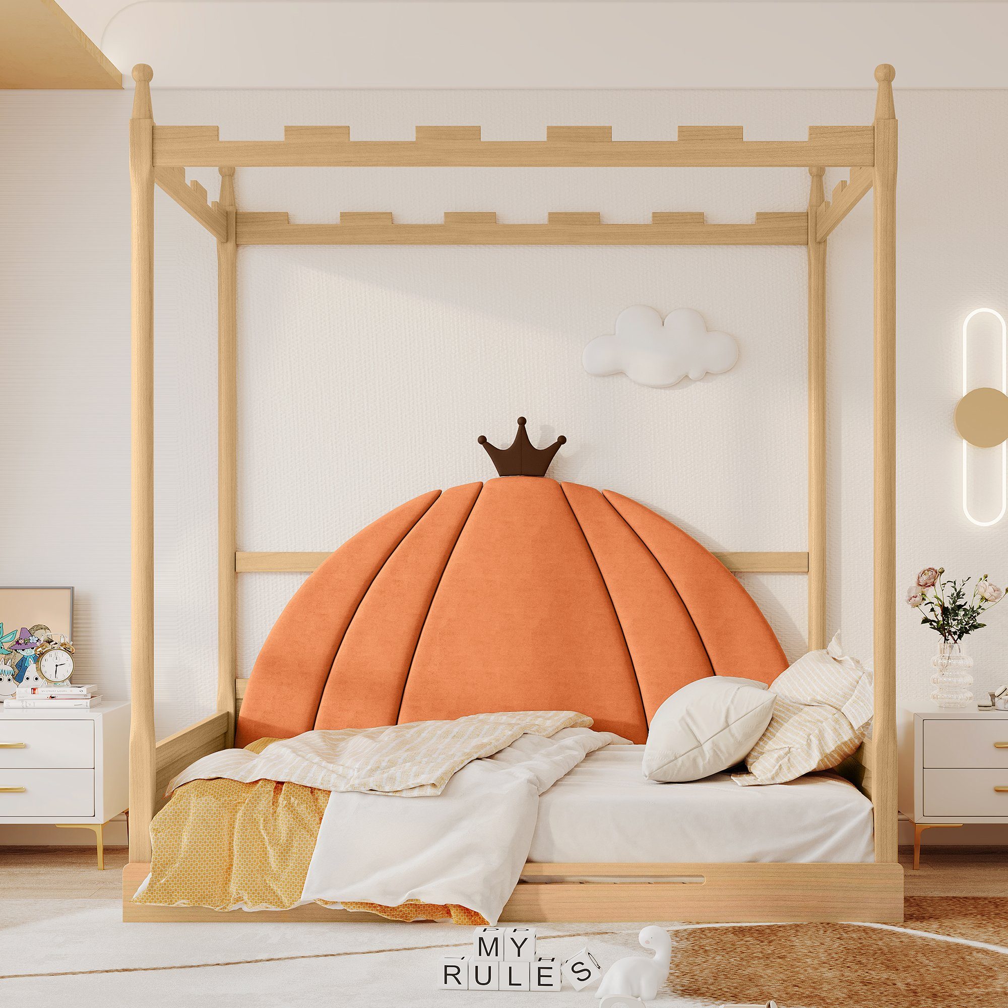 Kinderbett Natur Schutz, (dreiseitige | | BlingBin 140x100cm&140x200cm ausziehbare Jugendbetten Bett) | Doppelbett Natur Schiebebett Natur Orange