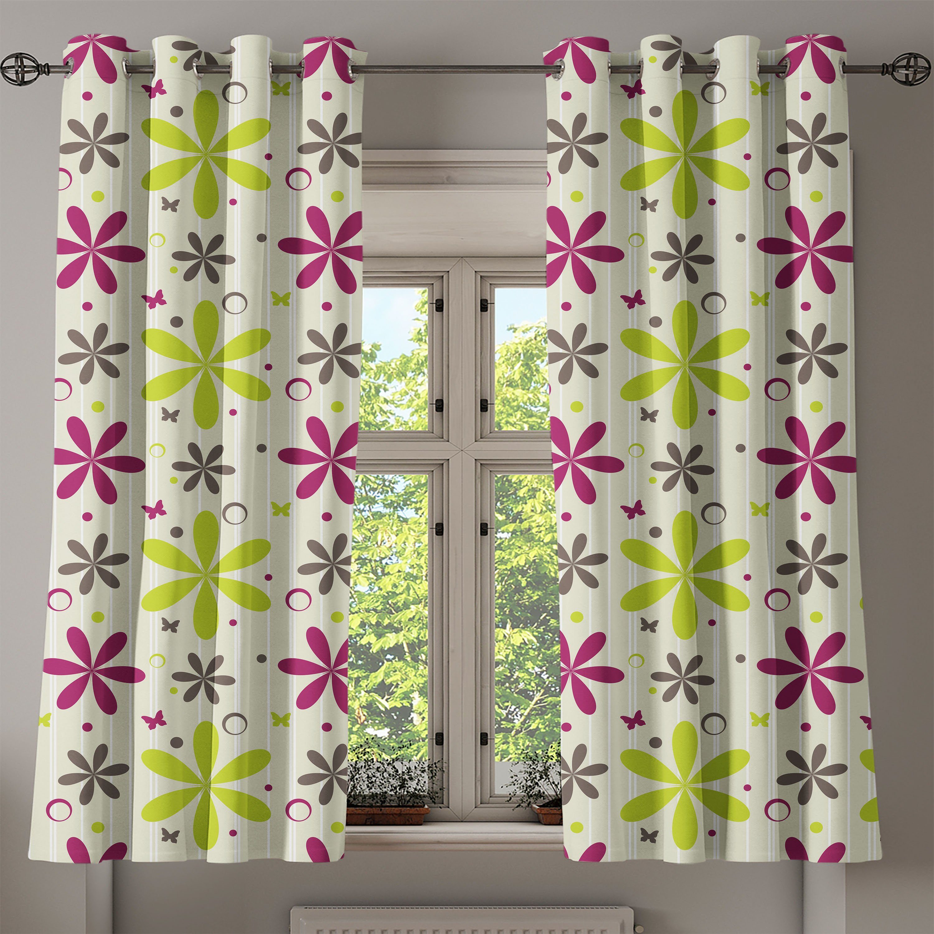 2-Panel-Fenstervorhänge für Röschen Abakuhaus, Gardine Kreis-Band Wohnzimmer, Dekorative Blumen Schlafzimmer