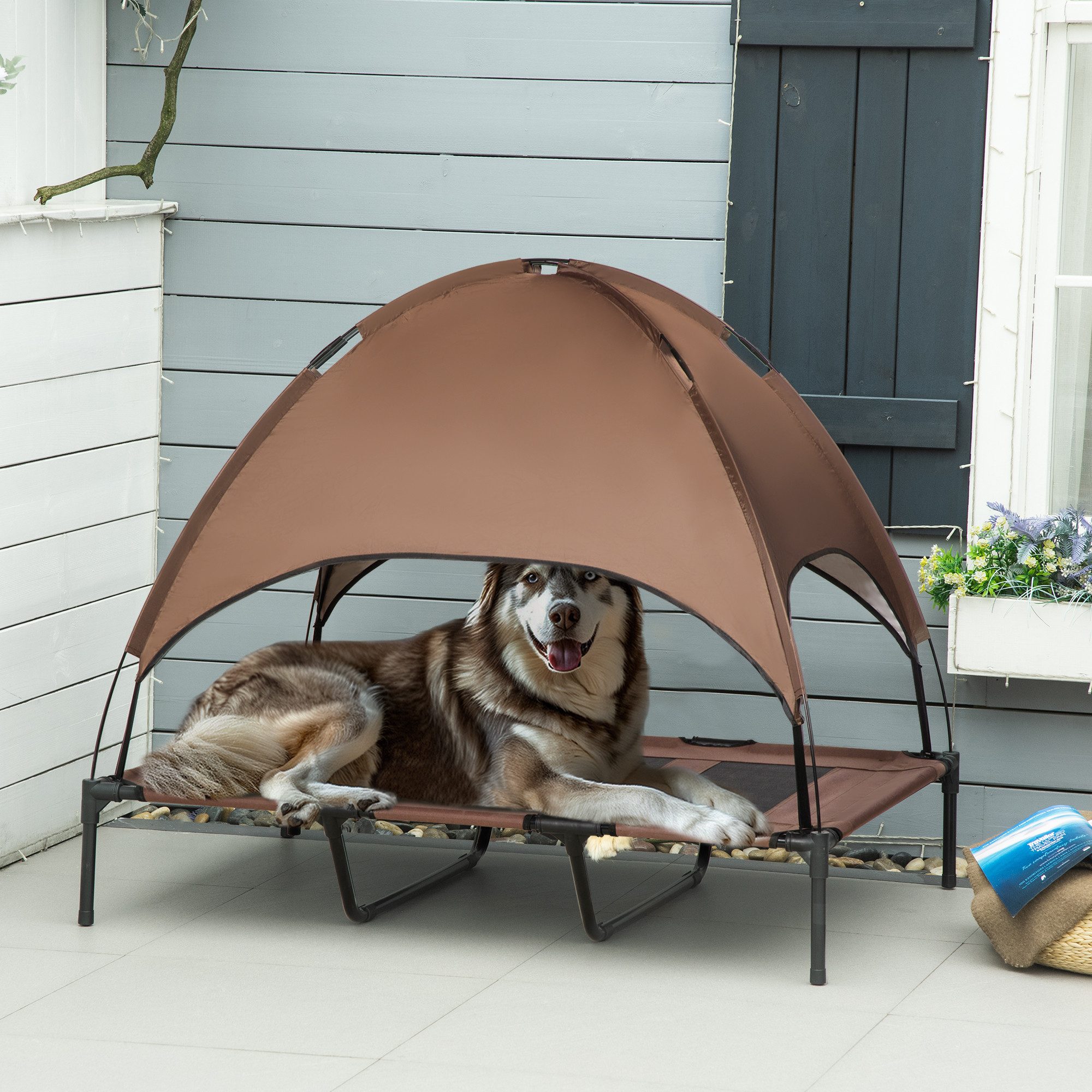 PawHut Haustierbett mit Baldachin Erhöhtes Hundebett Hundeliege outdoor Kaffee von PawHut