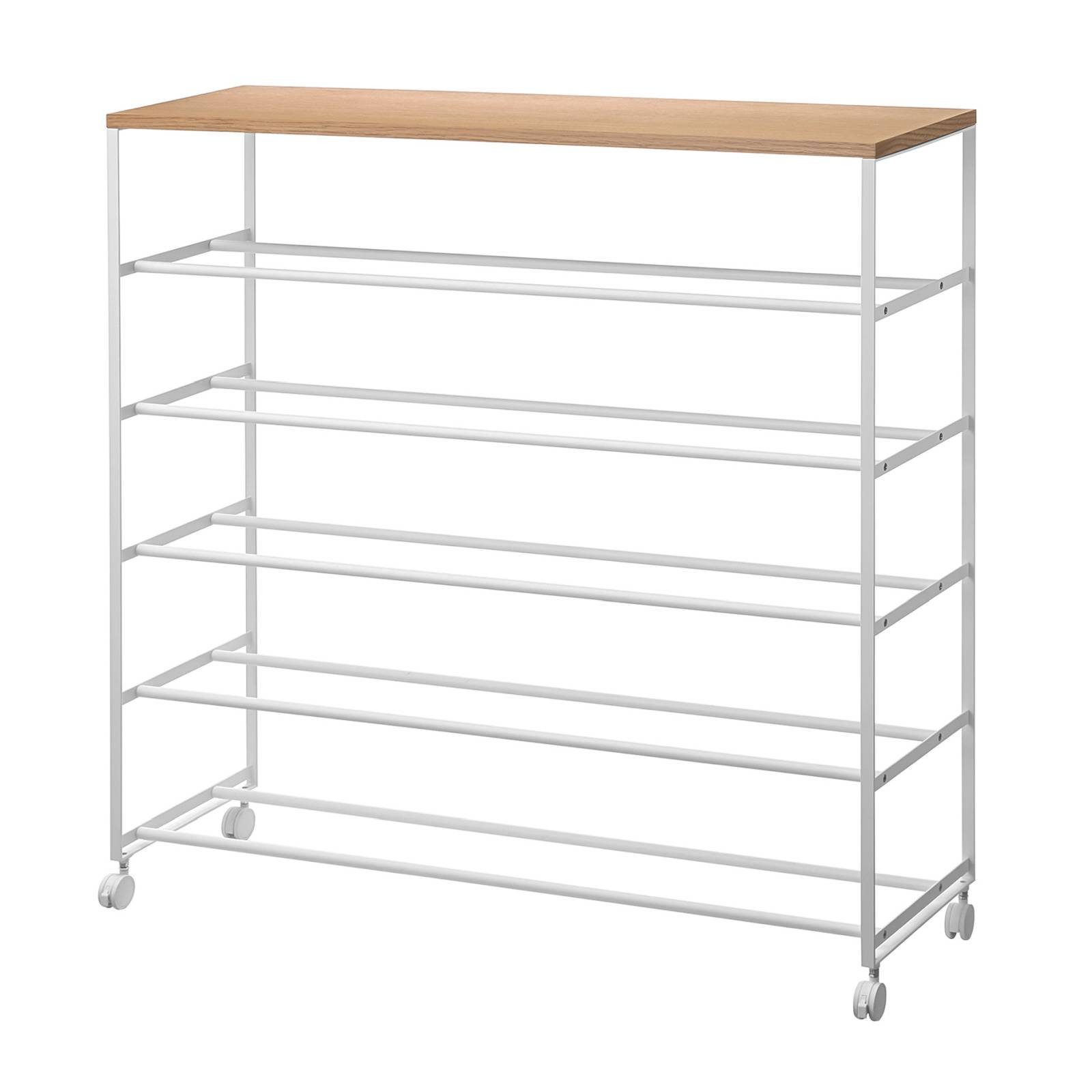 Yamazaki Schuhregal "Tower" auf Rollen groß 91x87x26 cm, Schuhständer, Schuhschrank mit Holzablage, rollbar für bis zu 20 Paar Schuhe
