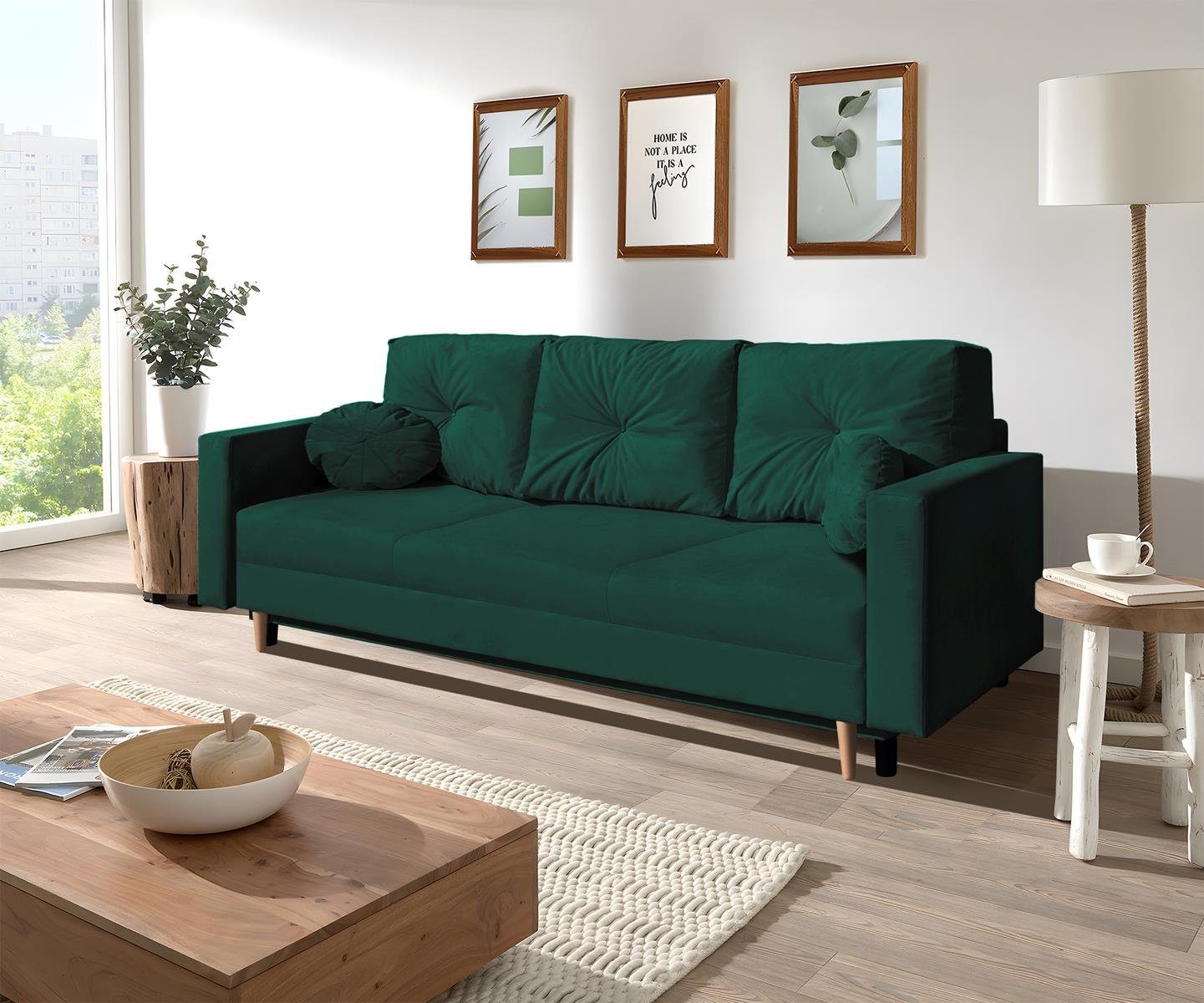Beautysofa 3-Sitzer MILAN, skandinavisches Design, mit Flasches Holzbeine, Relaxfunktion 28) 3-Sitzer Sofa Wellenunterfederung, Bettkasten, (trinity grün