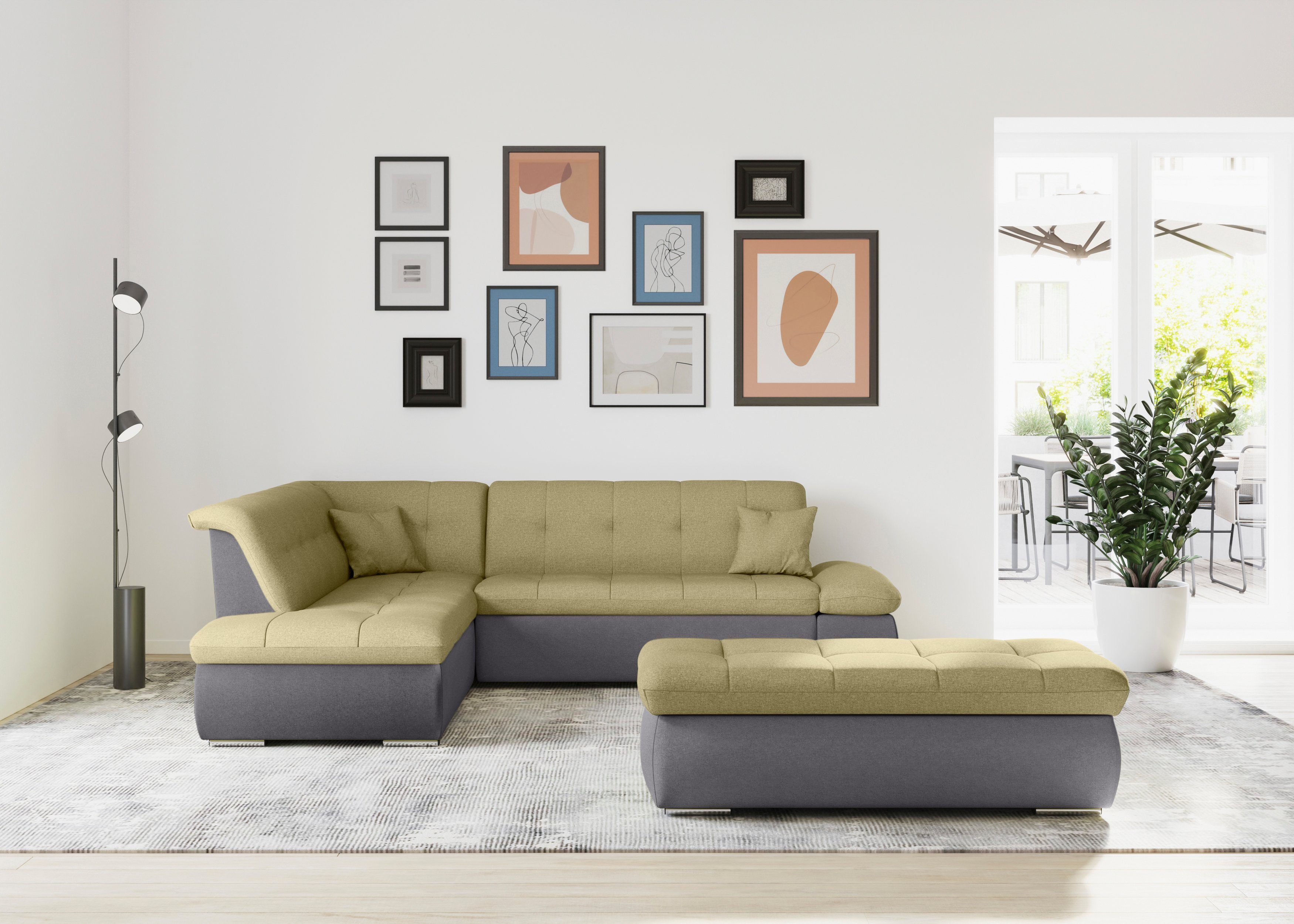 DOMO collection Ecksofa Moric, schlamm/gelb mit und Bettfunktion wahlweise Armlehnenverstellung