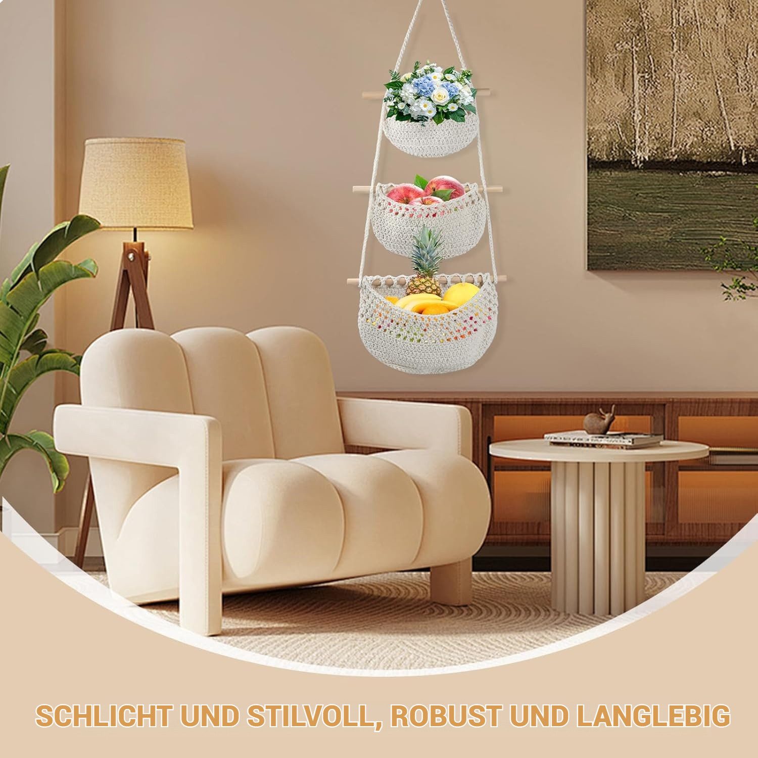 BlingBin Hängekorb Wand Aufbewahrung, 3 Etagen Hängeorganizer Makramee Obstkorb (1er Set, 1 St., 33 x 80 cm), Wand Hängender Organizer für Badezimmer Schlafzimmer, Kinderzimmer