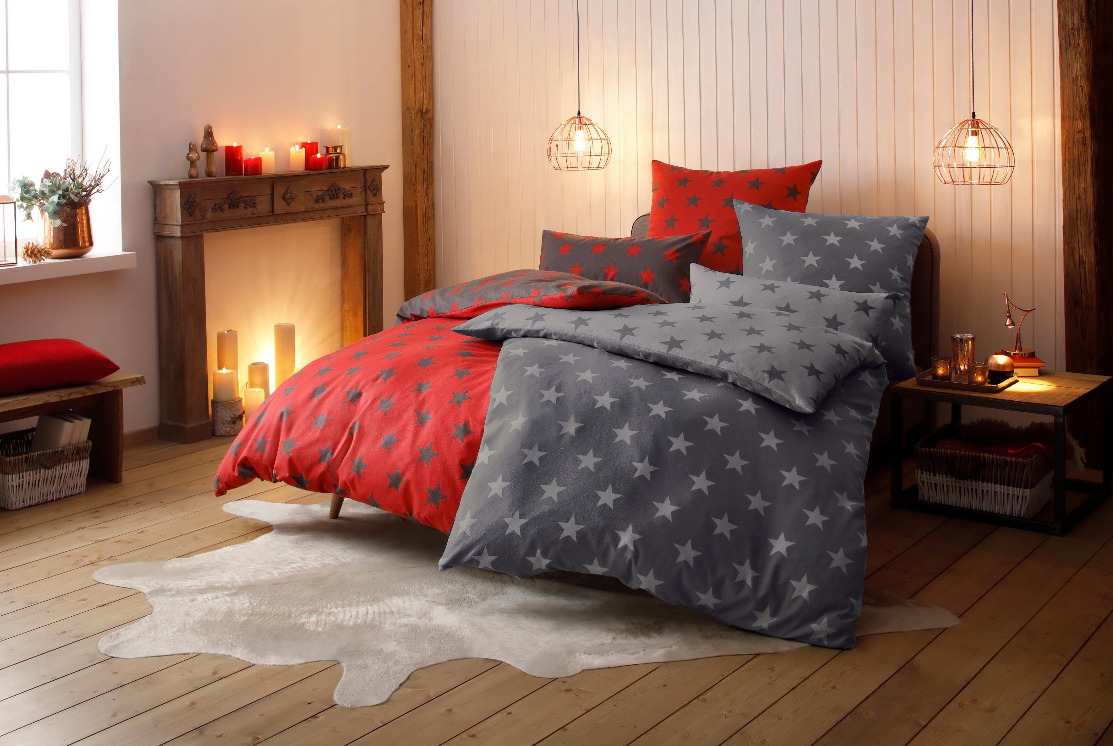 OTTO home Wendebettwäsche STELLA, Biber, 2 teilig, Bettwäsche mit Sternen, Weihnachten, Winter