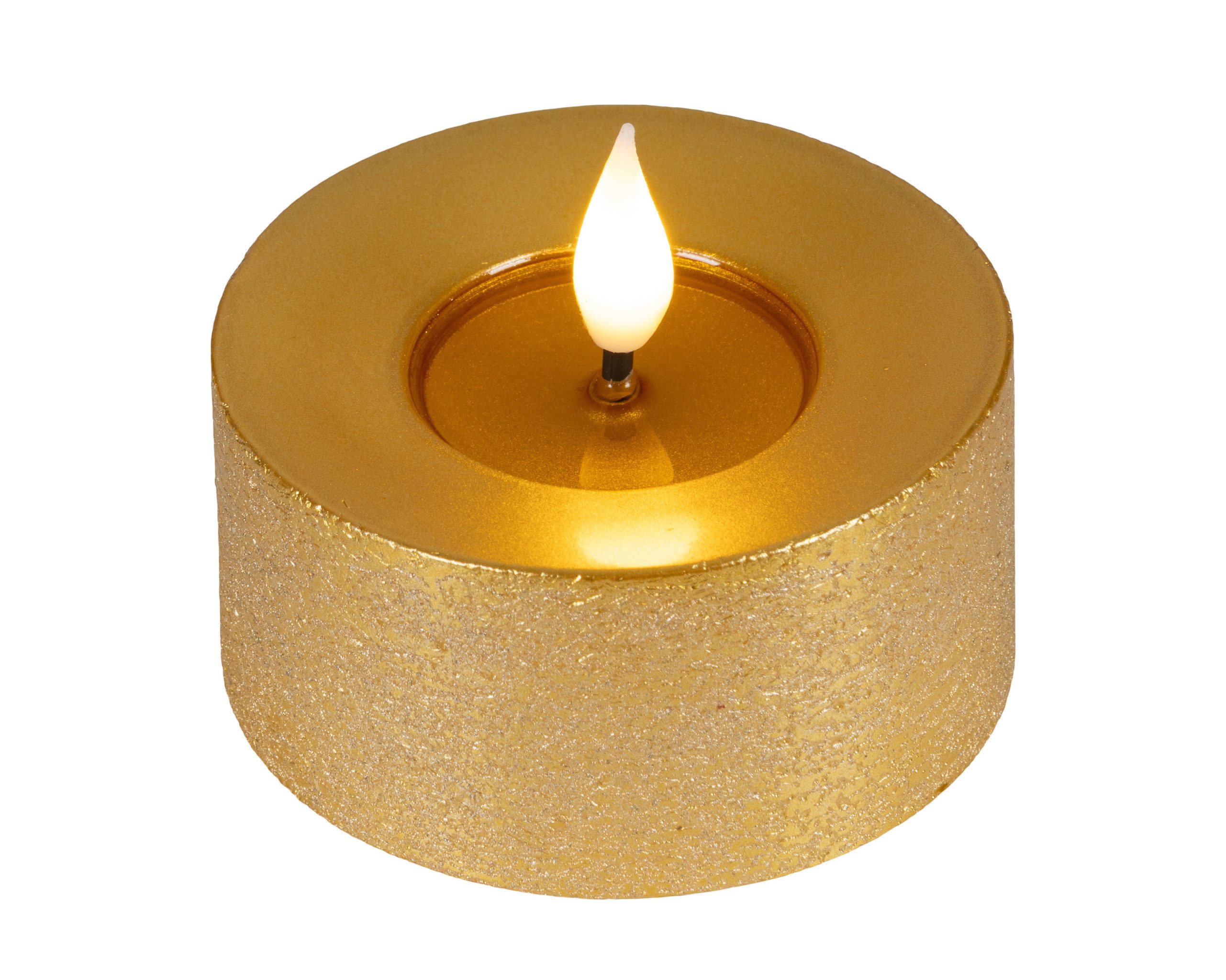 Lumineo LED-Kerze, Timer, warmweiß, LED Kerzen 6x7,5cm Timer Wachs 2 Stück - Flacker-Effekt Gold Warmweiß