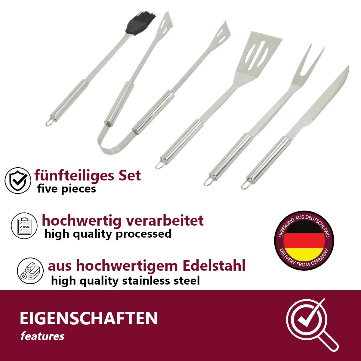 Tragetasche Edelstahl mit Grillkoffer, + Grillbesteck-Set Set 5 5x Grillbesteck (Set, HOOZ tlg), HOOZ