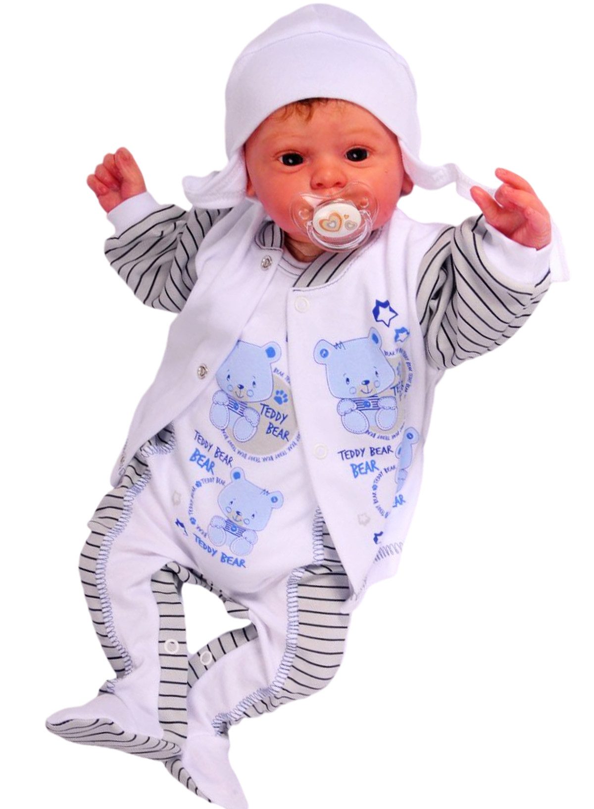 Strampler Strampler Mütze und Hemdchen Set Baby Anzug mit Bären gestreift