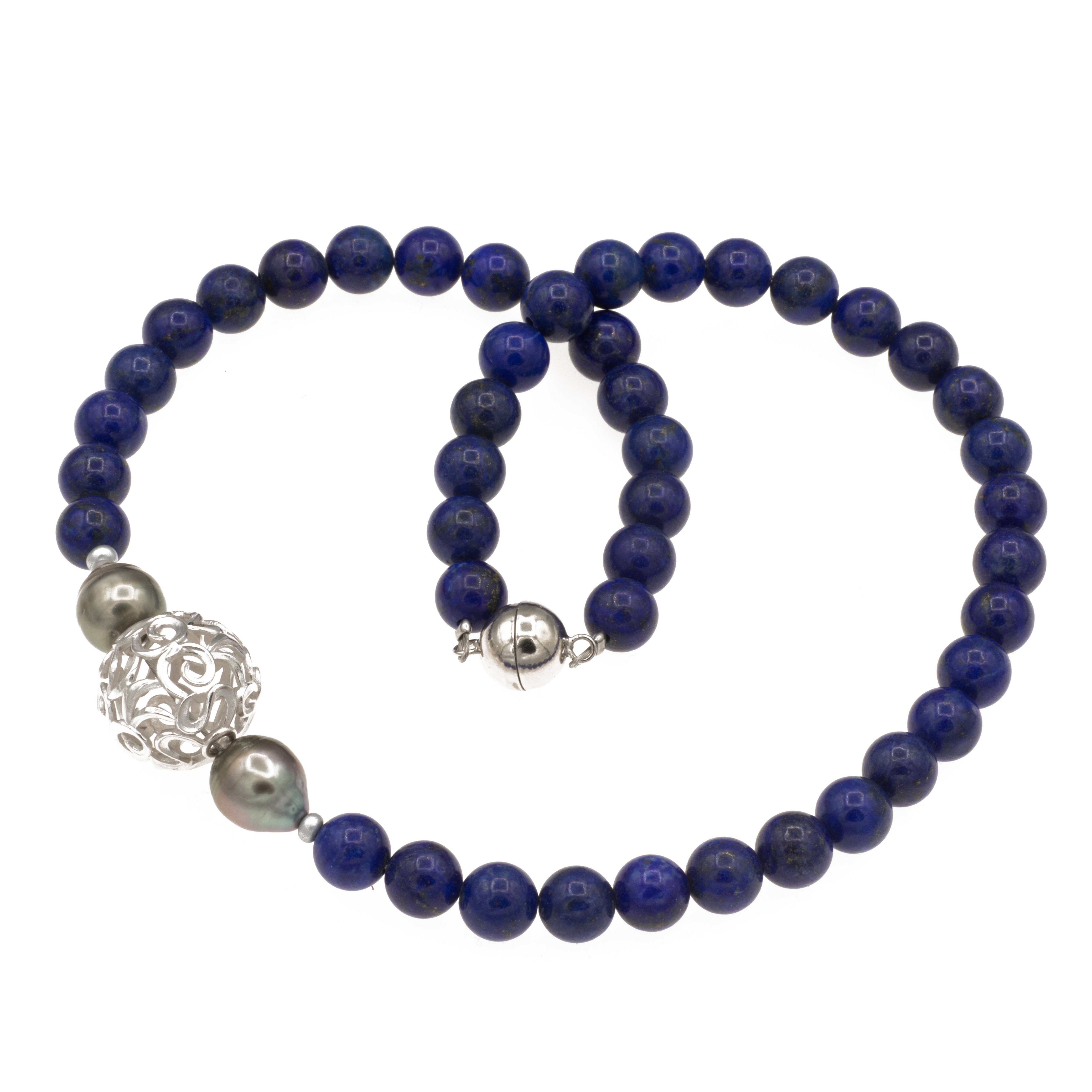 Perlenkette Kette mit Lapislazuli Tahiti und Silber Perlen
