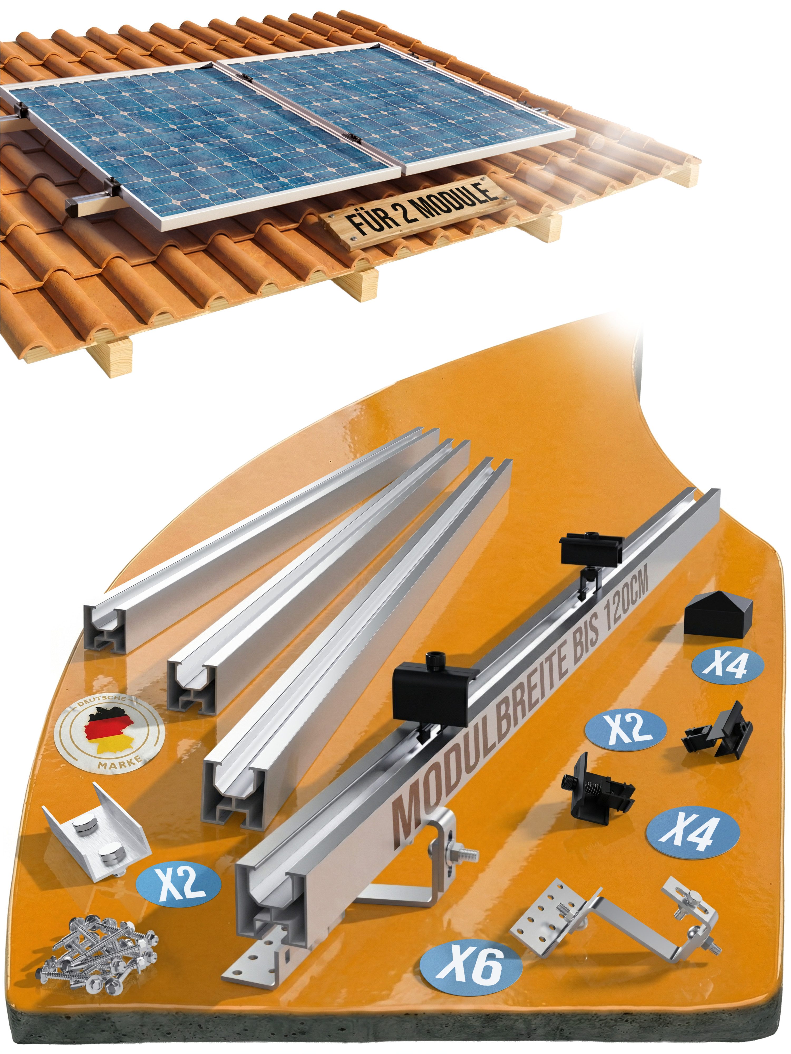 Lichtblicker Solarmodul-Halterung Ziegeldach für 2x Module. Modulbreite bis 120cm je Modul. PV Modul, (Modulbreite bis je 120cm. Modulhöhe von 30 bis 45mm, witterungsbeständiges Aluminium, hochwertige Dachhaken)