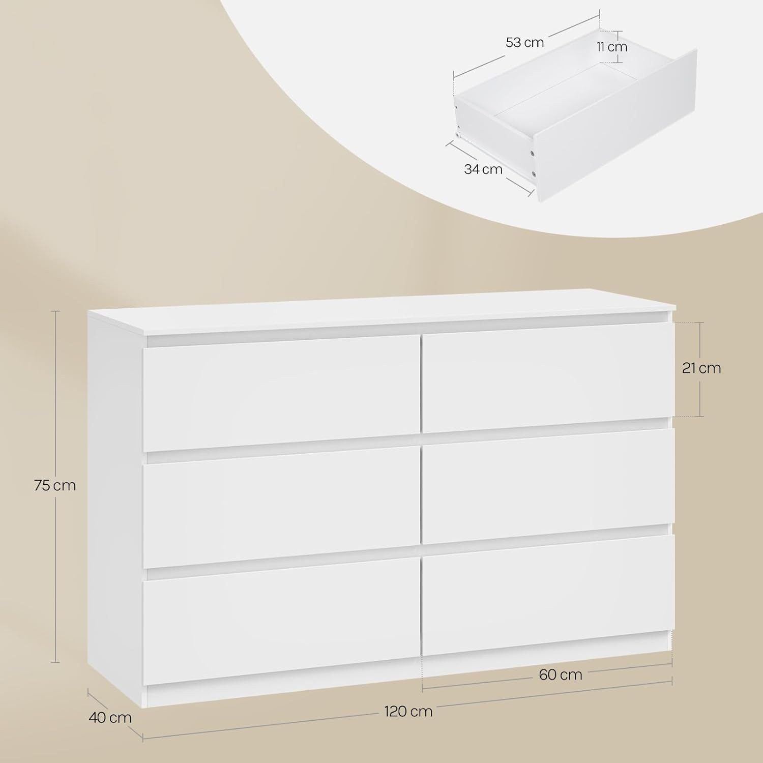 Woltu Kommode (1 St), mit 6 Schubladen, Schubladenschrank, 120 x 40 x 75 cm, weiß