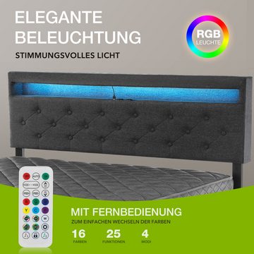 WILGOON Polsterbett LED-Beleuchtung Doppelbett 140x200cm mit Ladefunktion und 4 Schubladen, Leinenmaterial Polsterbett, LED-Licht, Ohne Matratze