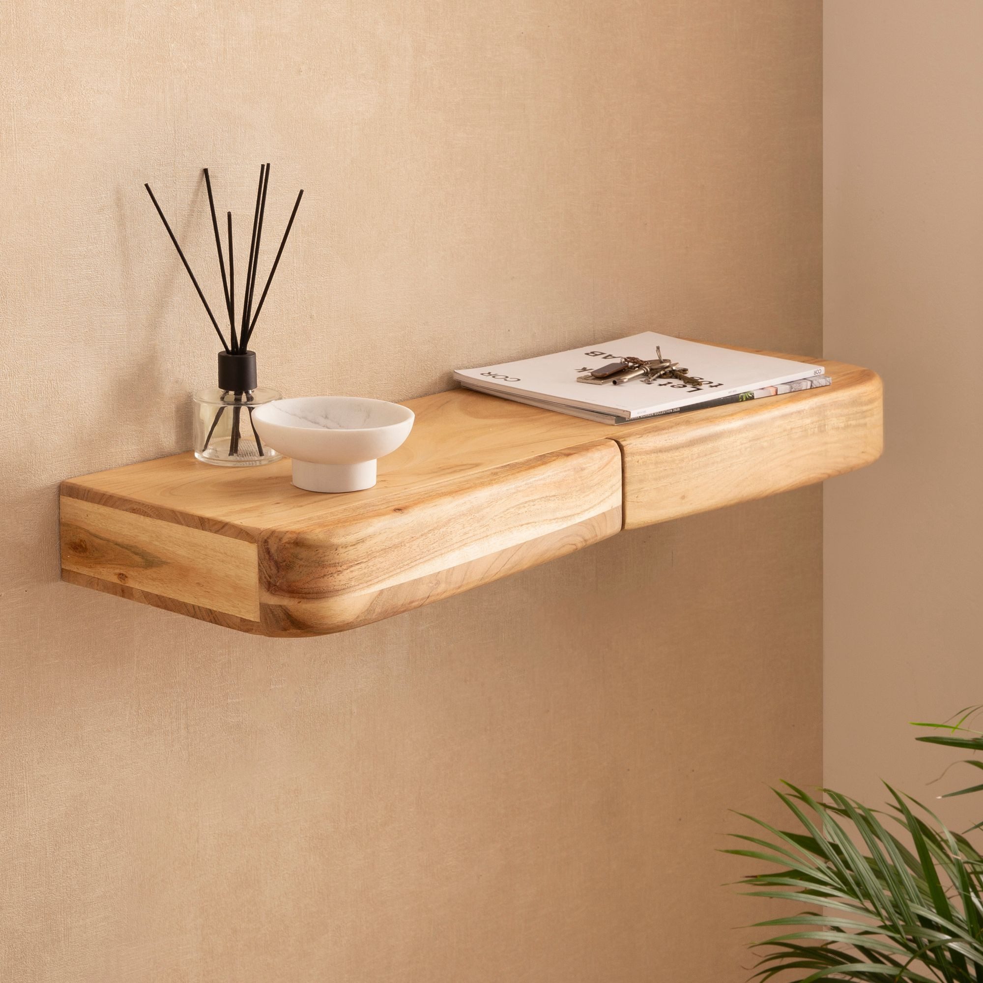 FINEBUY Wandregal FB74739 Schweberegal Akazie Massivholz 80cm Regal Wandboard Schubladen, Massivholz Wandregal mit Schubladen, Praktische Ablage für moderne Wohnräume