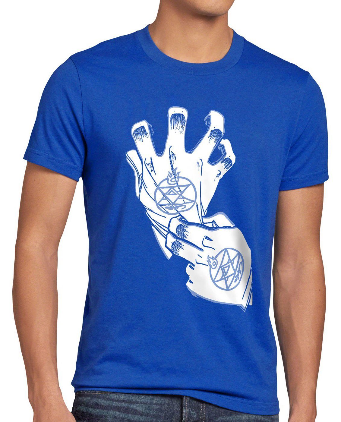 style3 Print-Shirt Herren T-Shirt Roy Mustang alchemist handschuh full metal anime manga japan ova blau