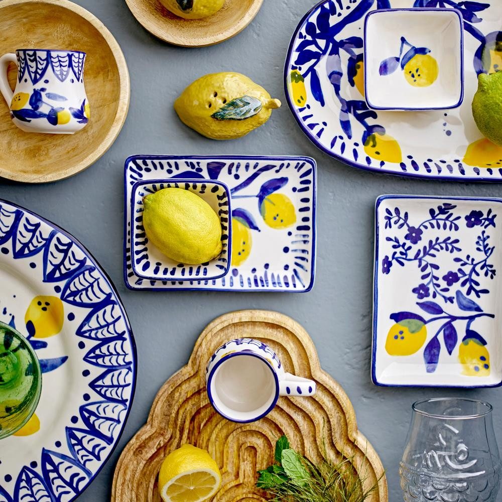 Bloomingville Speiseteller Maxima Teller, Blue, Steingut, Keramikteller, Handdekoriert, Mediterran, Farbenfroh, Gelbtöne, Unikat
