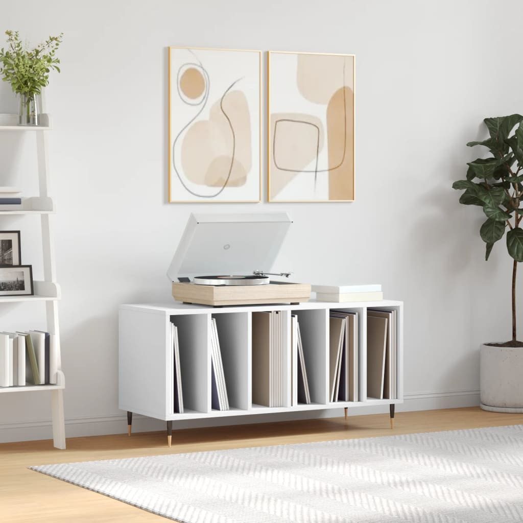 furnicato Media-Regal Plattenschrank 100 x 38 x 48 cm Weiß mit Massivholz und Eisenbeinen, 1-tlg., Stabile LP-Aufbewahrung mit Ablagefläche für den Plattenspieler