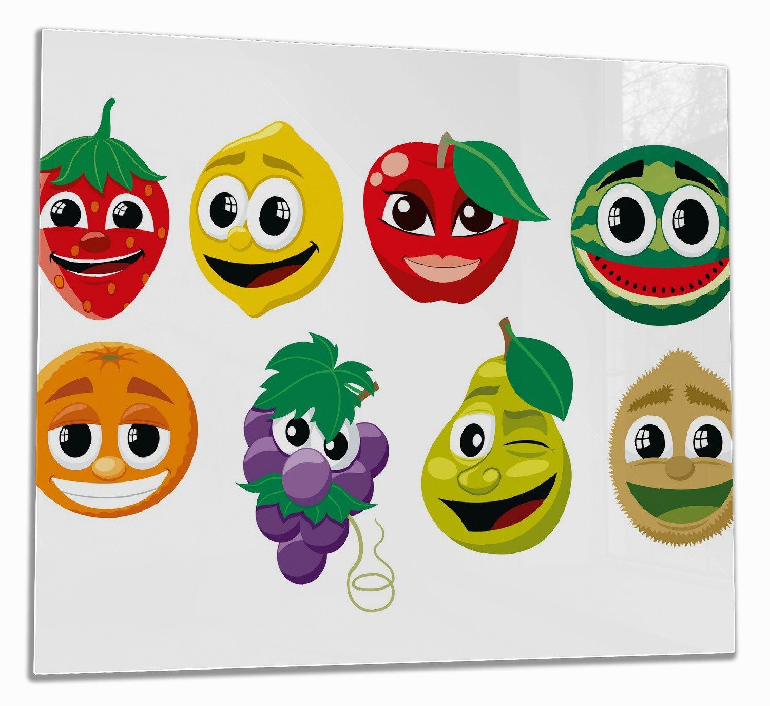 Wallario Herd-Abdeckplatte Obst-Smilies im Comic-Stil - Lustige Früchte, ESG-Sicherheitsglas, (Glasplatte, 1 tlg., inkl. 5mm Noppen), verschiedene Größen