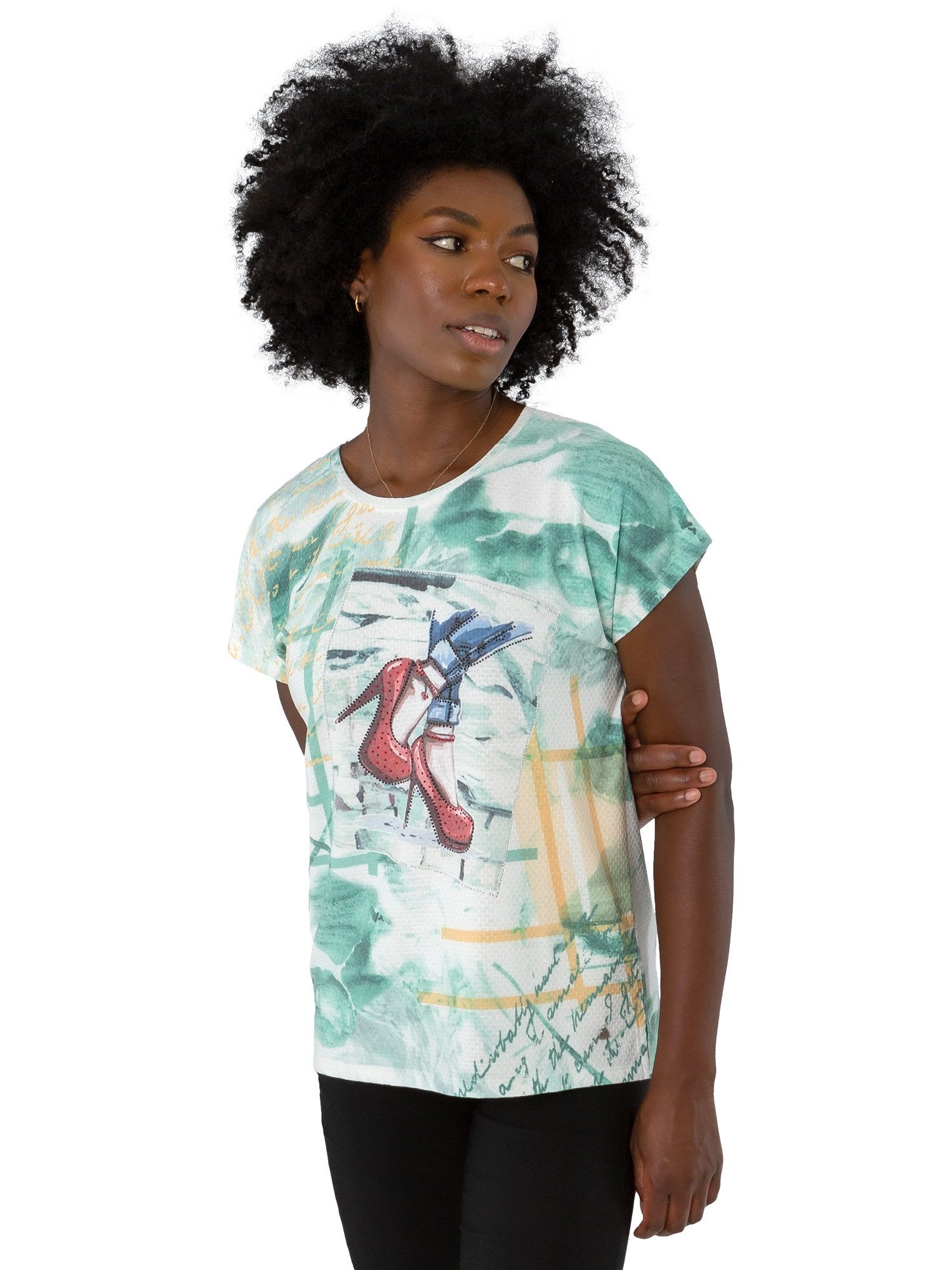 Gio Milano Kurzarmshirt G30-1618 High Heels Print und Srassapplikationen mit frechem High Heel Motiv und aufwendigem Strassbesatz