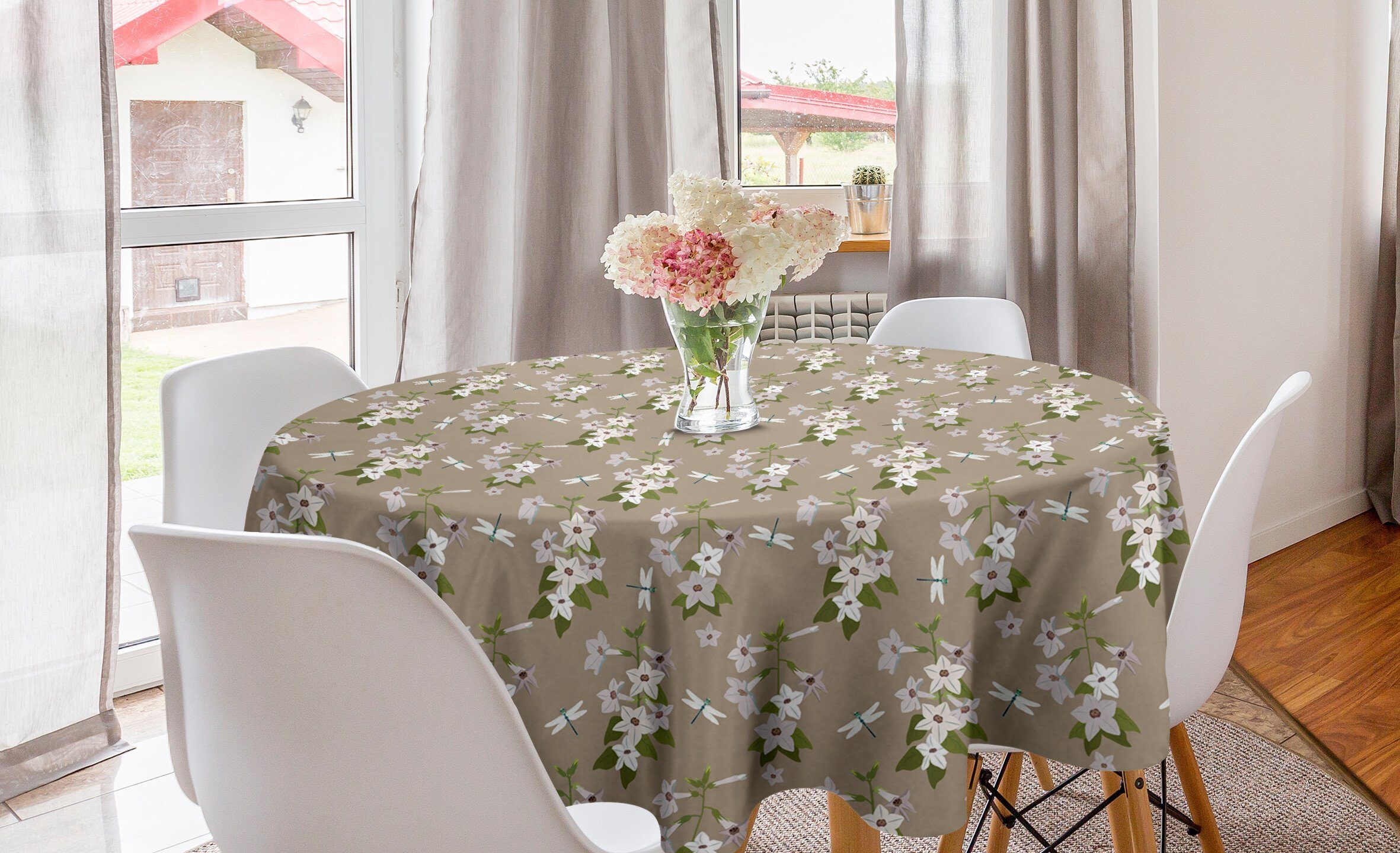 Abakuhaus Tischdecke Kreis Tischdecke Abdeckung für Esszimmer Küche Dekoration, Libelle Jasmin-Blumen im Frühling