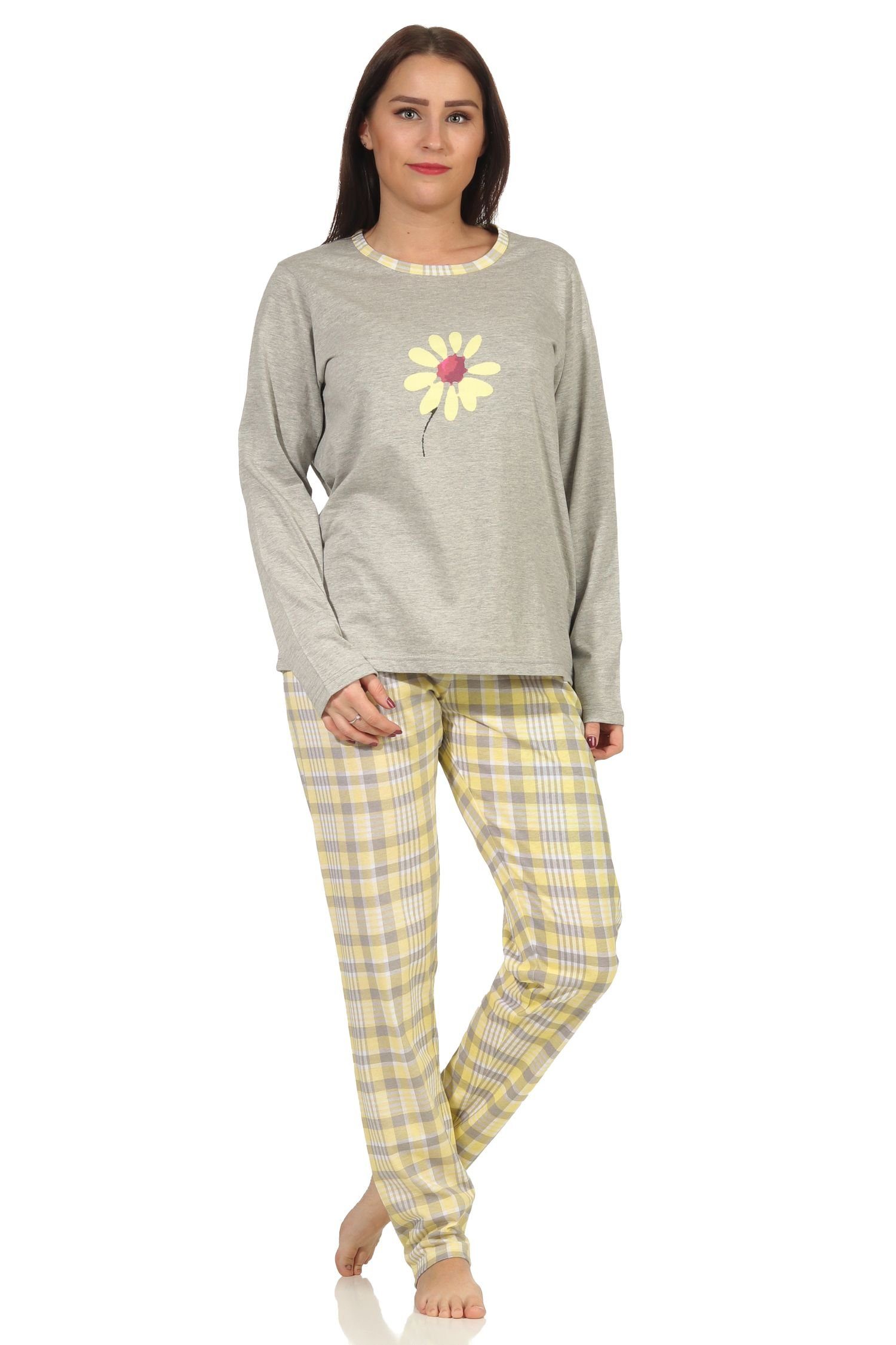 112 Pyjama mit langarm, Pyjama 10 Schlafanzug Normann Damen Karo-Muster gelb 733 -